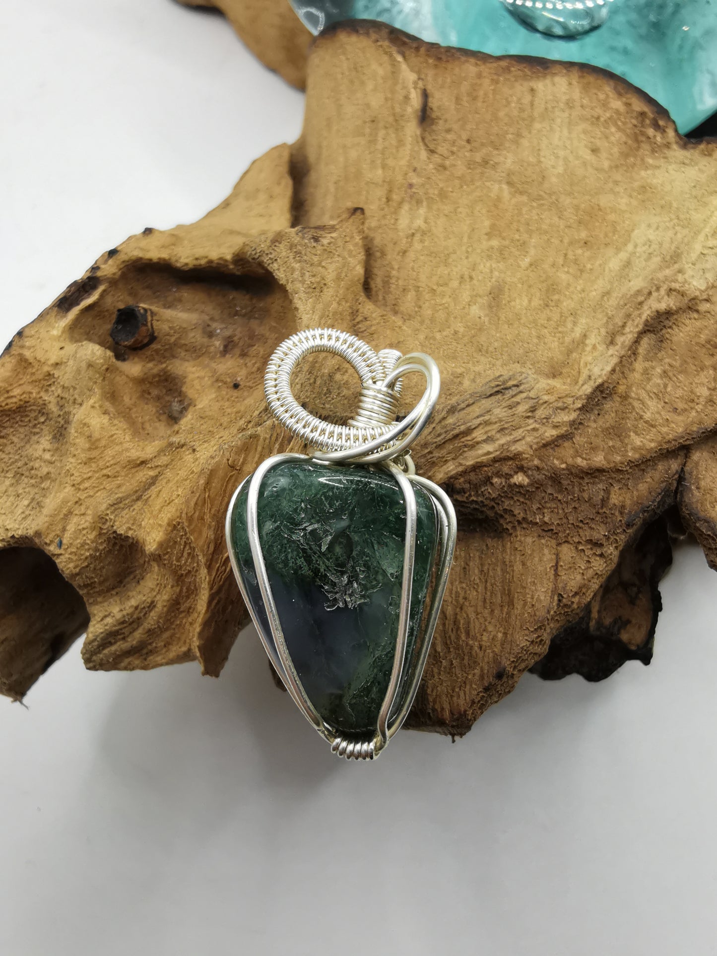 Silver Wire Wrapped Moss Agate Crystal Pendant