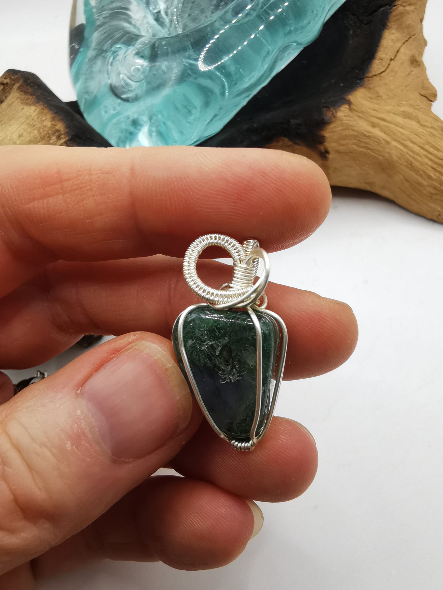 Silver Wire Wrapped Moss Agate Crystal Pendant