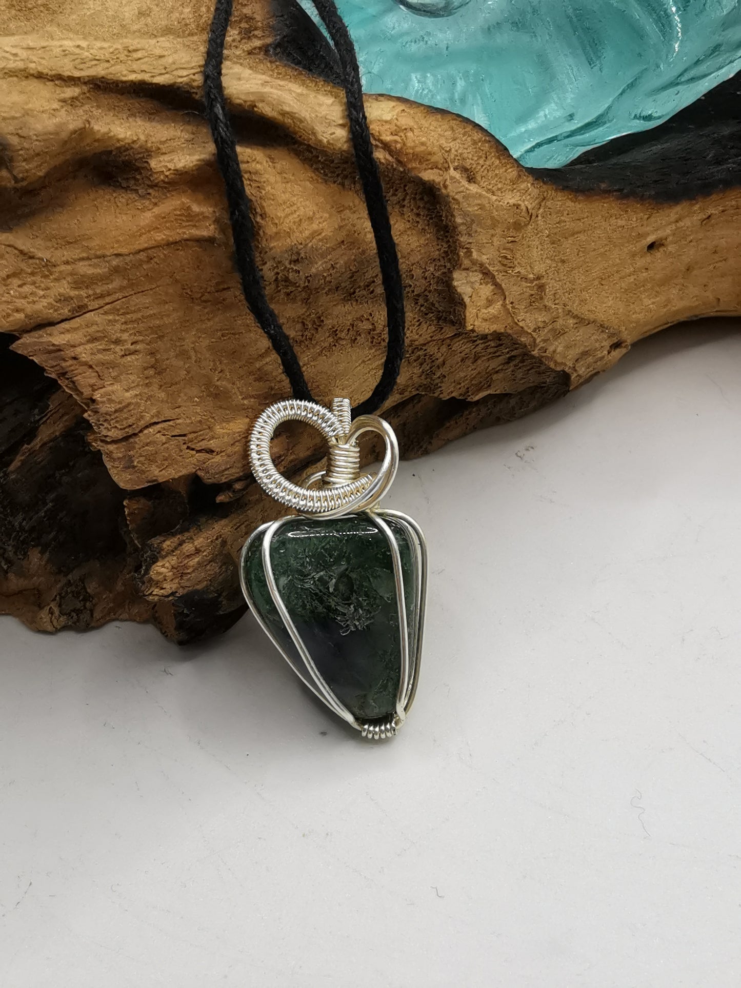Silver Wire Wrapped Moss Agate Crystal Pendant