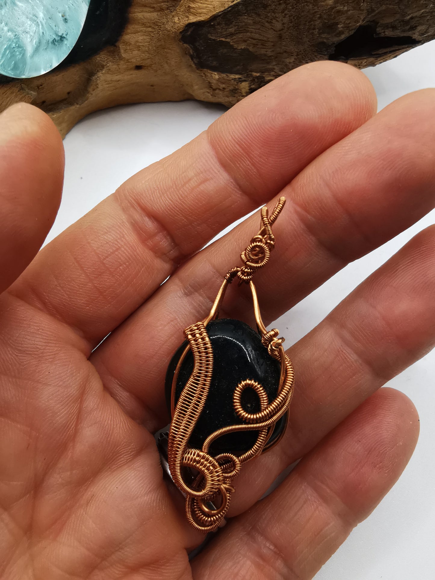 Copper Wire Wrapped Moss Agate Crystal Pendant