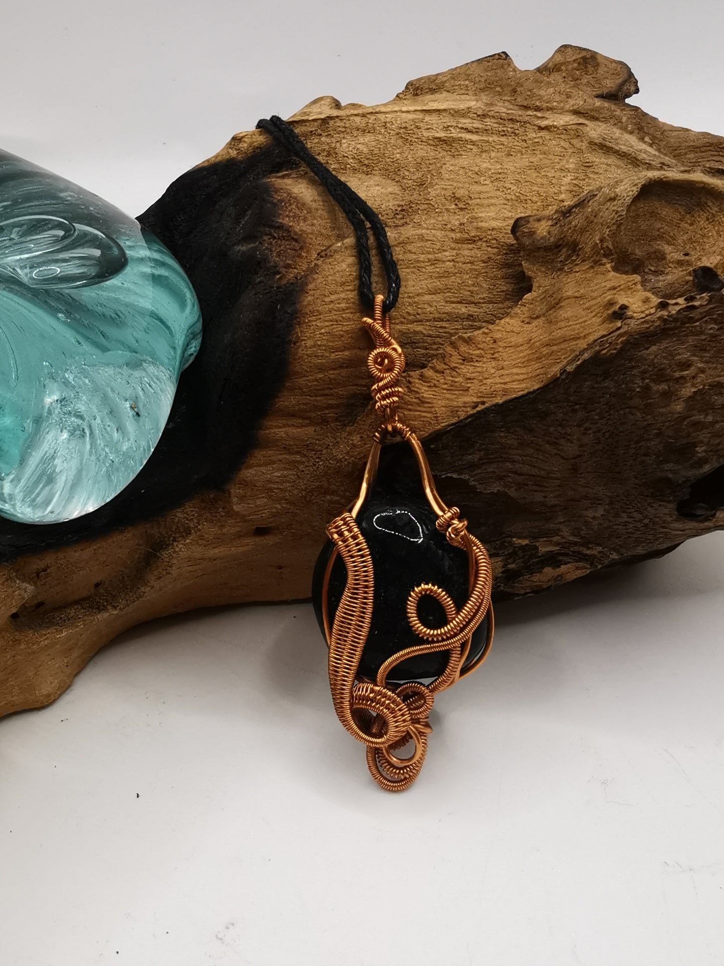 Copper Wire Wrapped Moss Agate Crystal Pendant