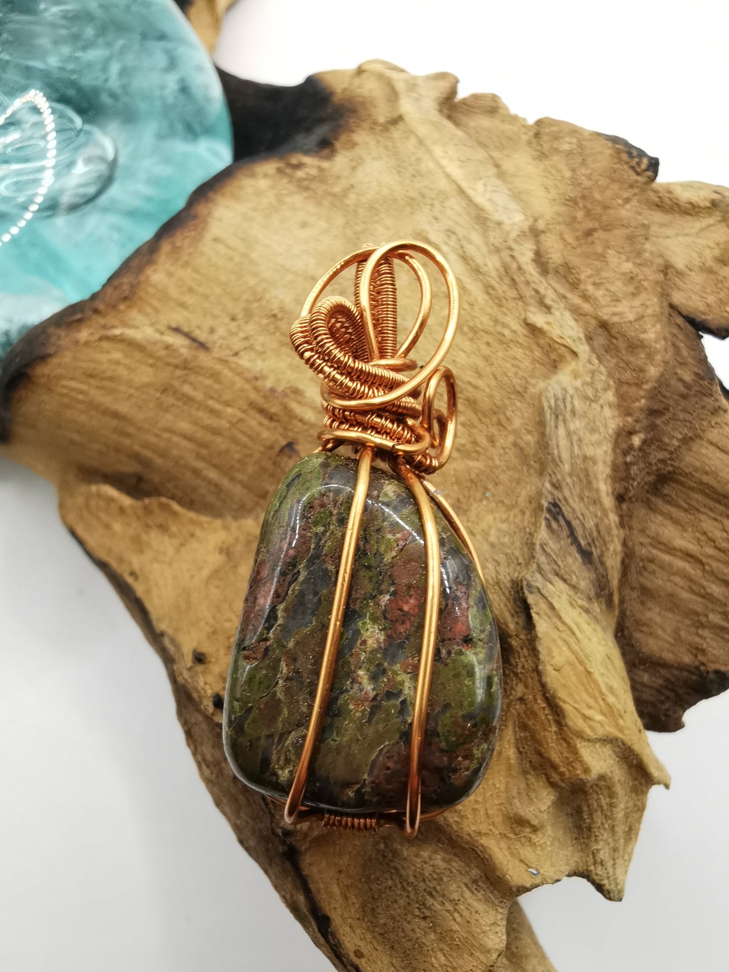 Copper Wire Wrapped Unakite Crystal Pendant