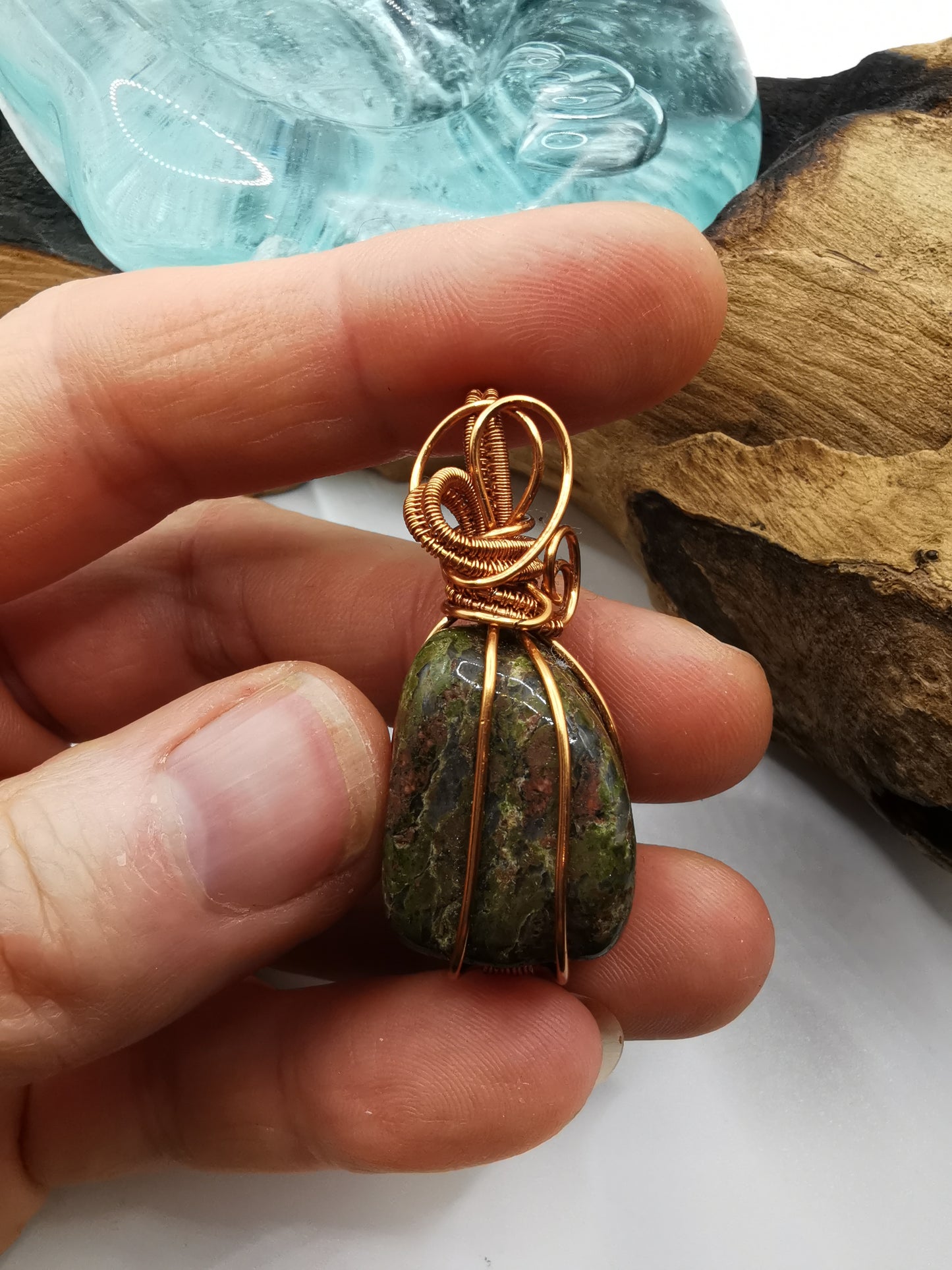 Copper Wire Wrapped Unakite Crystal Pendant