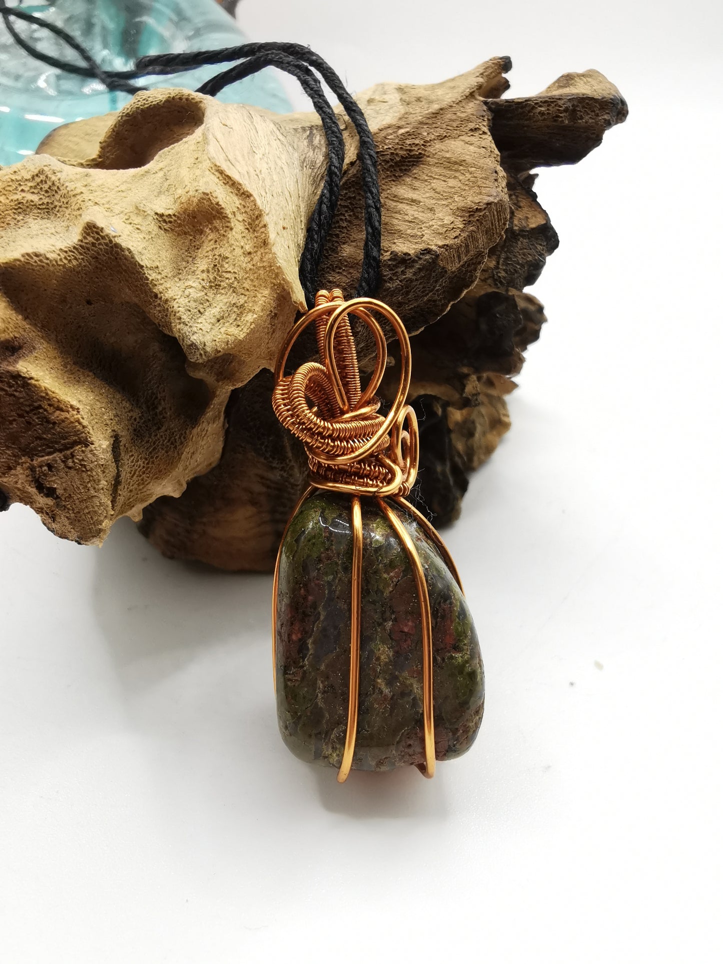 Copper Wire Wrapped Unakite Crystal Pendant