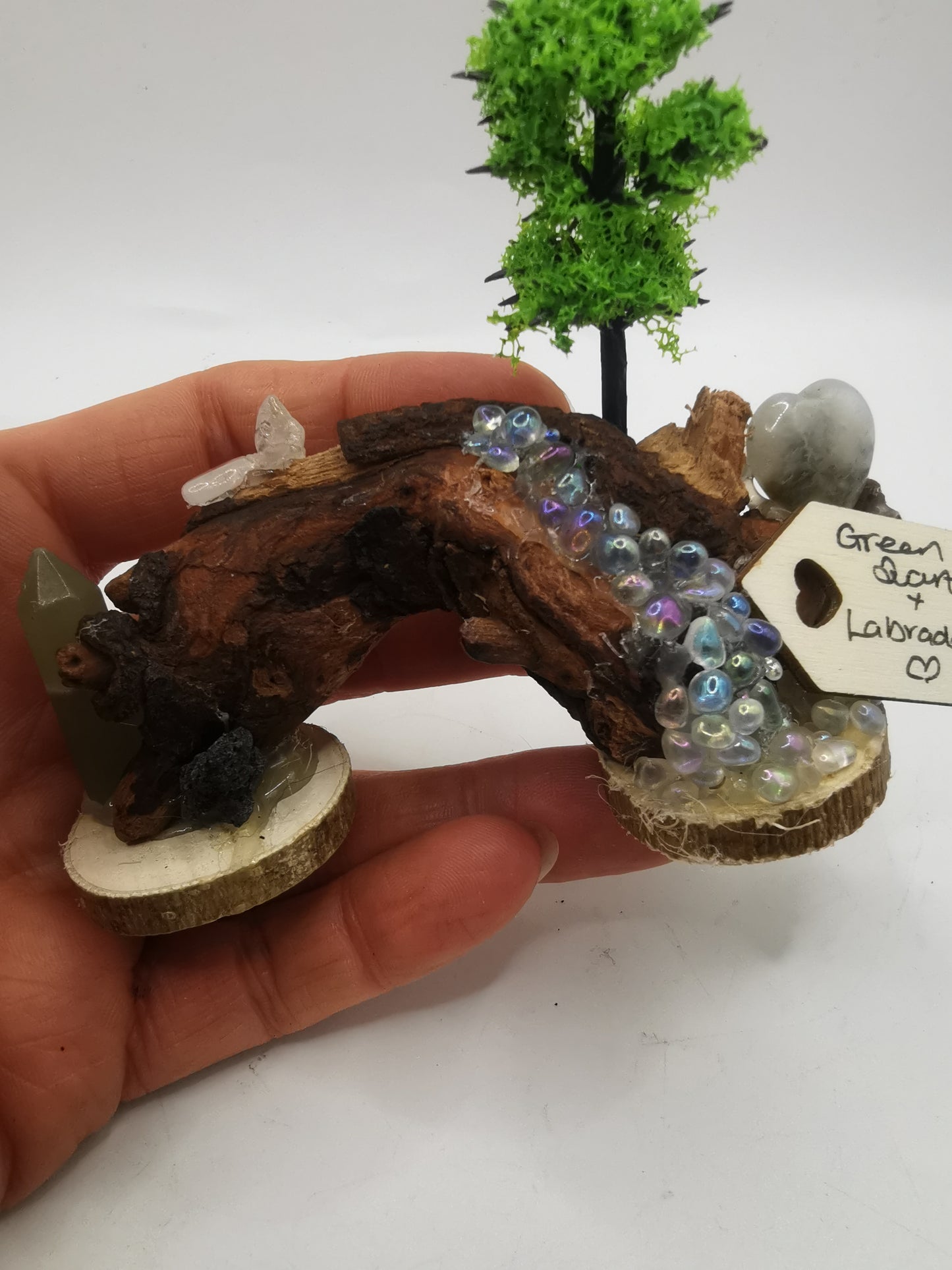 Green Quartz & Labradorite Driftwood Ornament