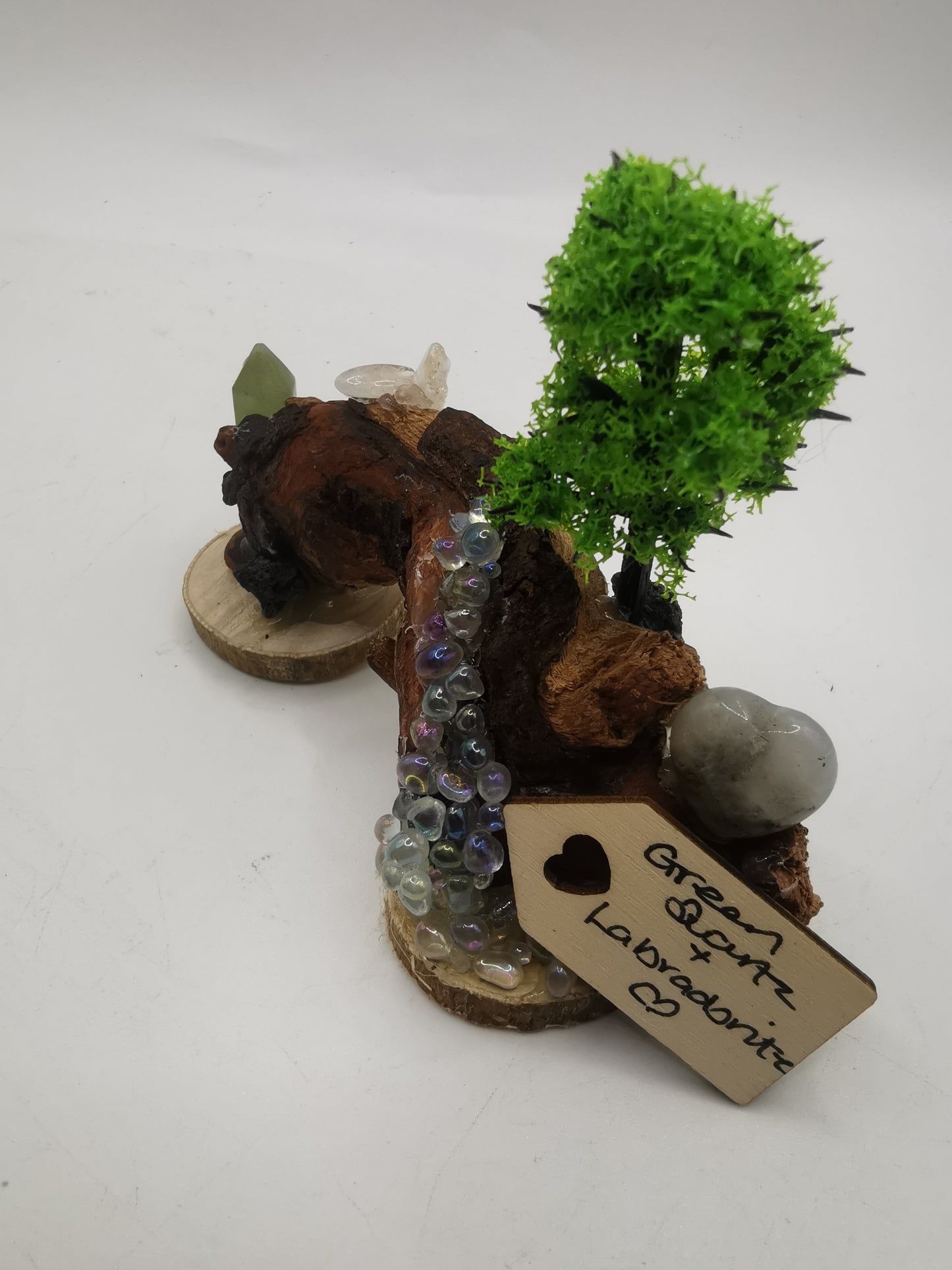 Green Quartz & Labradorite Driftwood Ornament