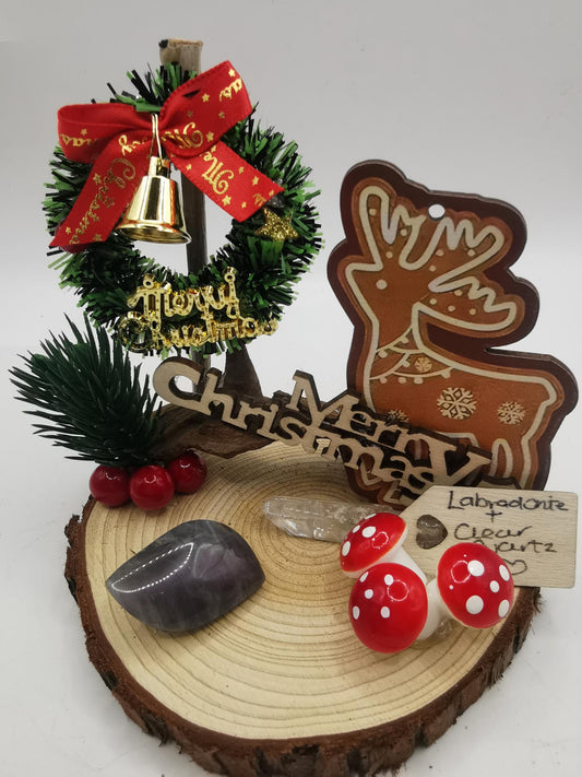 Driftwood Ornament with 2D Reindeer, Labradorite & Clear Quartz Point