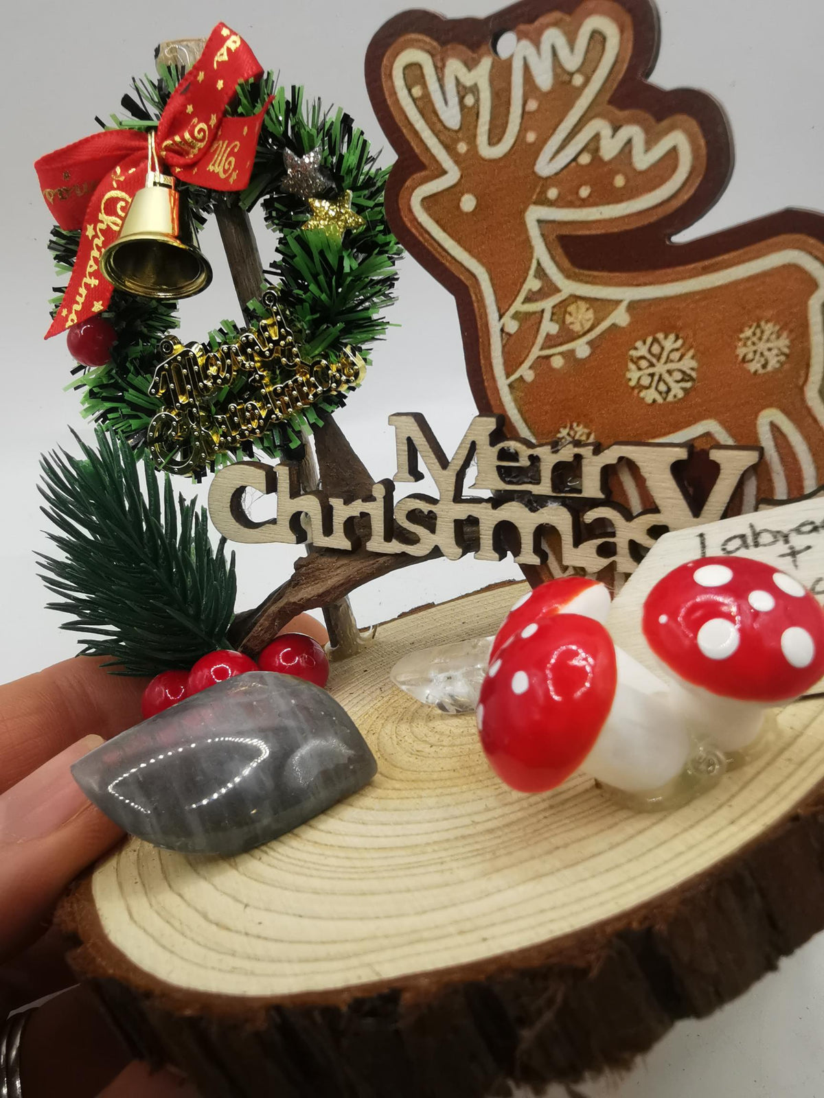 Labradorite & Clear Quartz Point Driftwood Ornament with 2D Reindeer