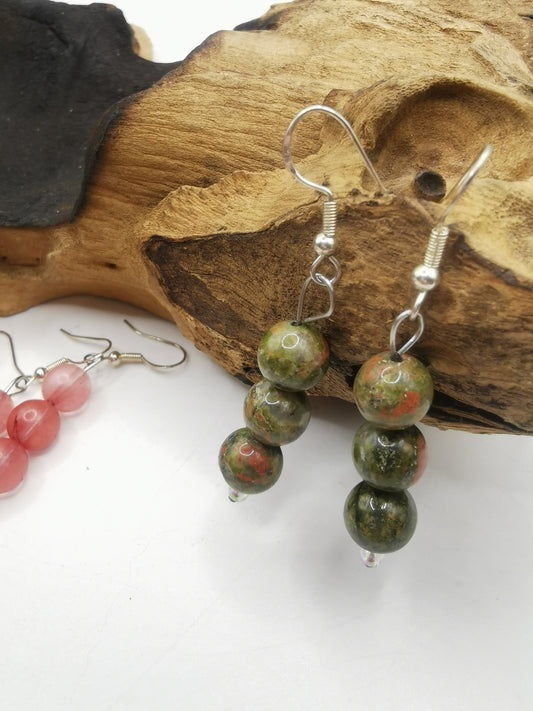 Unakite Triple Bead Earrings