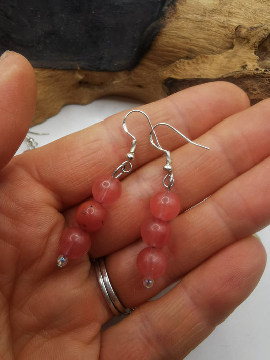 Cherry Quartz Triple Bead Earrings
