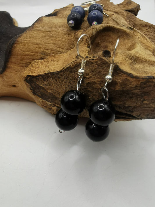 Black Obsidian Double Bead Earrings