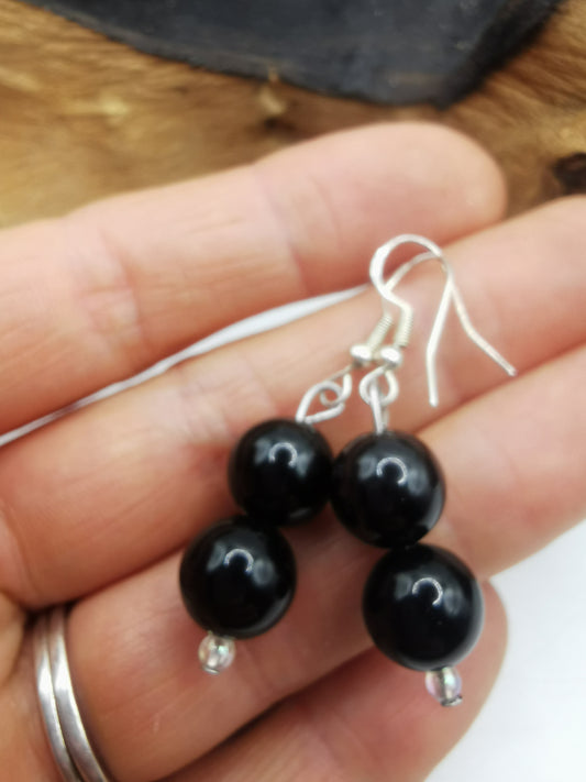 Black Obsidian Double Bead Earrings