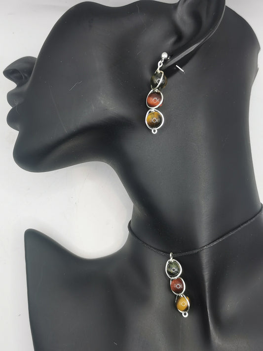 Triple Tiger's Eye Crystal Pendant & Earring Set