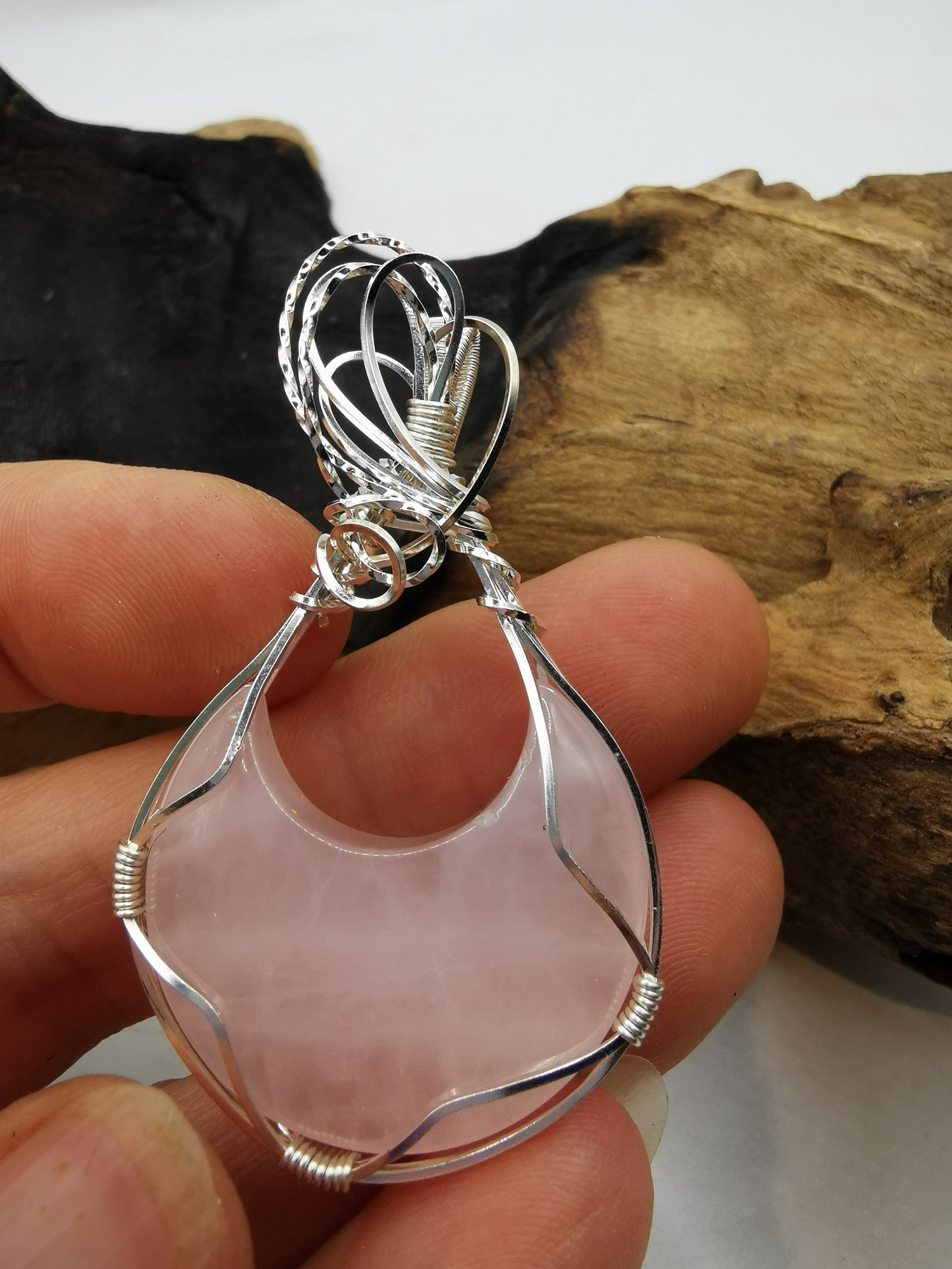 Rose Quartz Crescent Moon Crystal Pendant