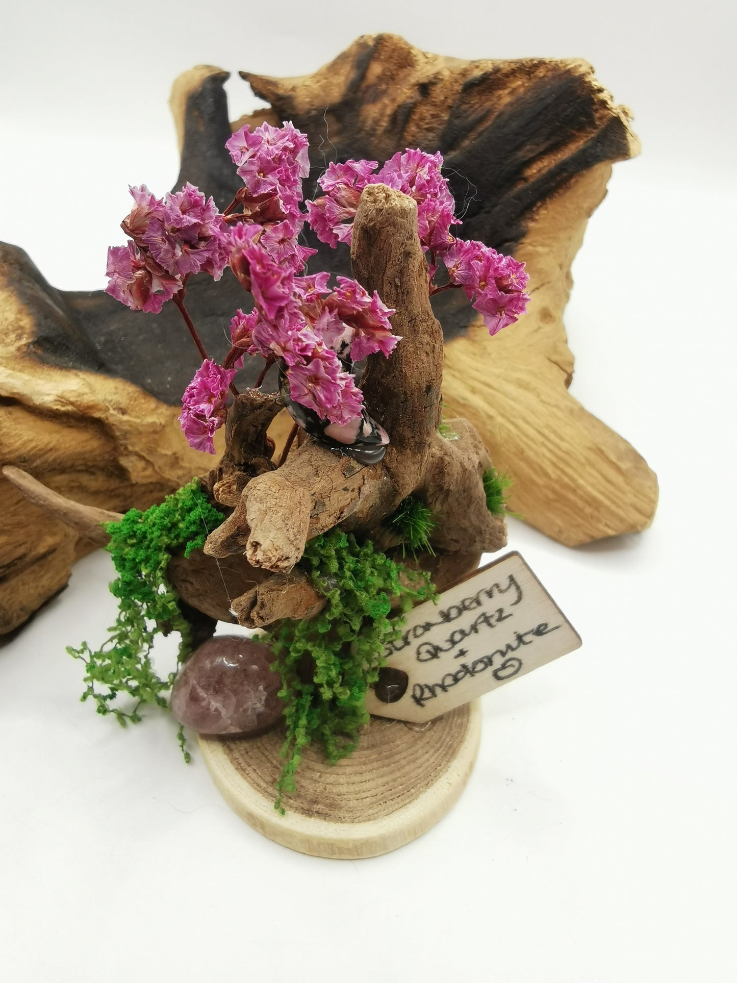 Strawberry Quartz & Rhodonite Moon Crystal Driftwood Ornament
