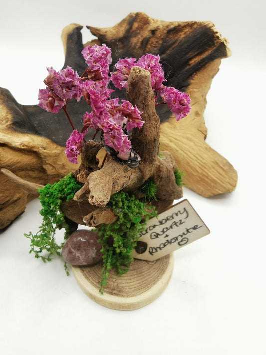 Strawberry Quartz & Rhodonite Moon Crystal Driftwood Ornament