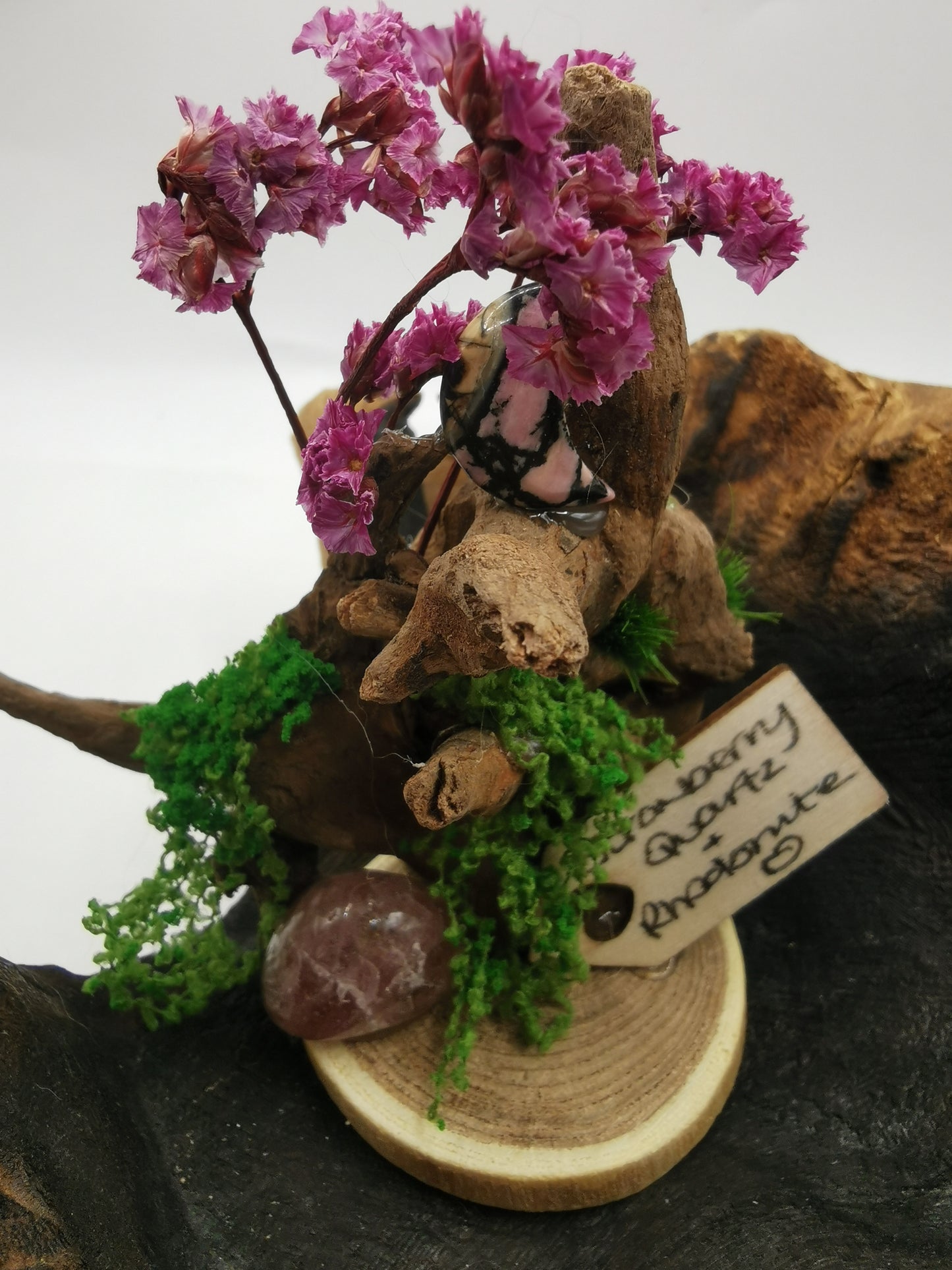 Strawberry Quartz & Rhodonite Moon Crystal Driftwood Ornament