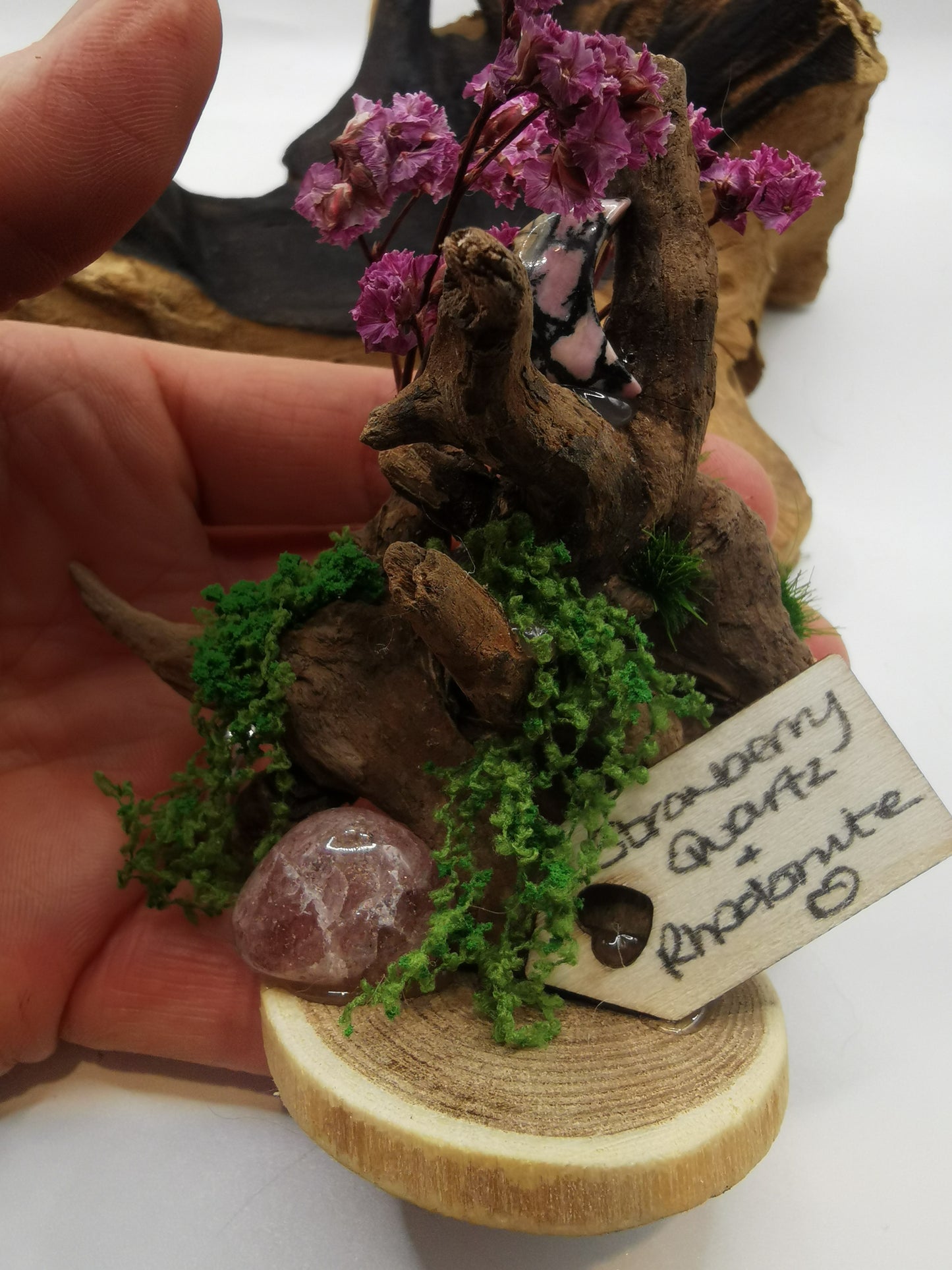 Strawberry Quartz & Rhodonite Moon Crystal Driftwood Ornament