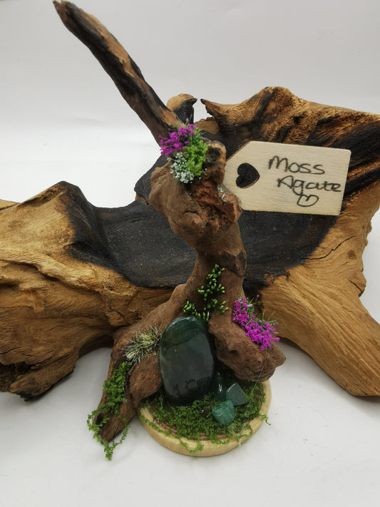 Moss Agate Crystal Driftwood Ornament