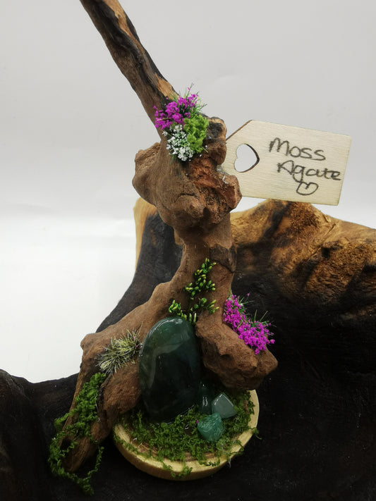 Moss Agate Crystal Driftwood Ornament