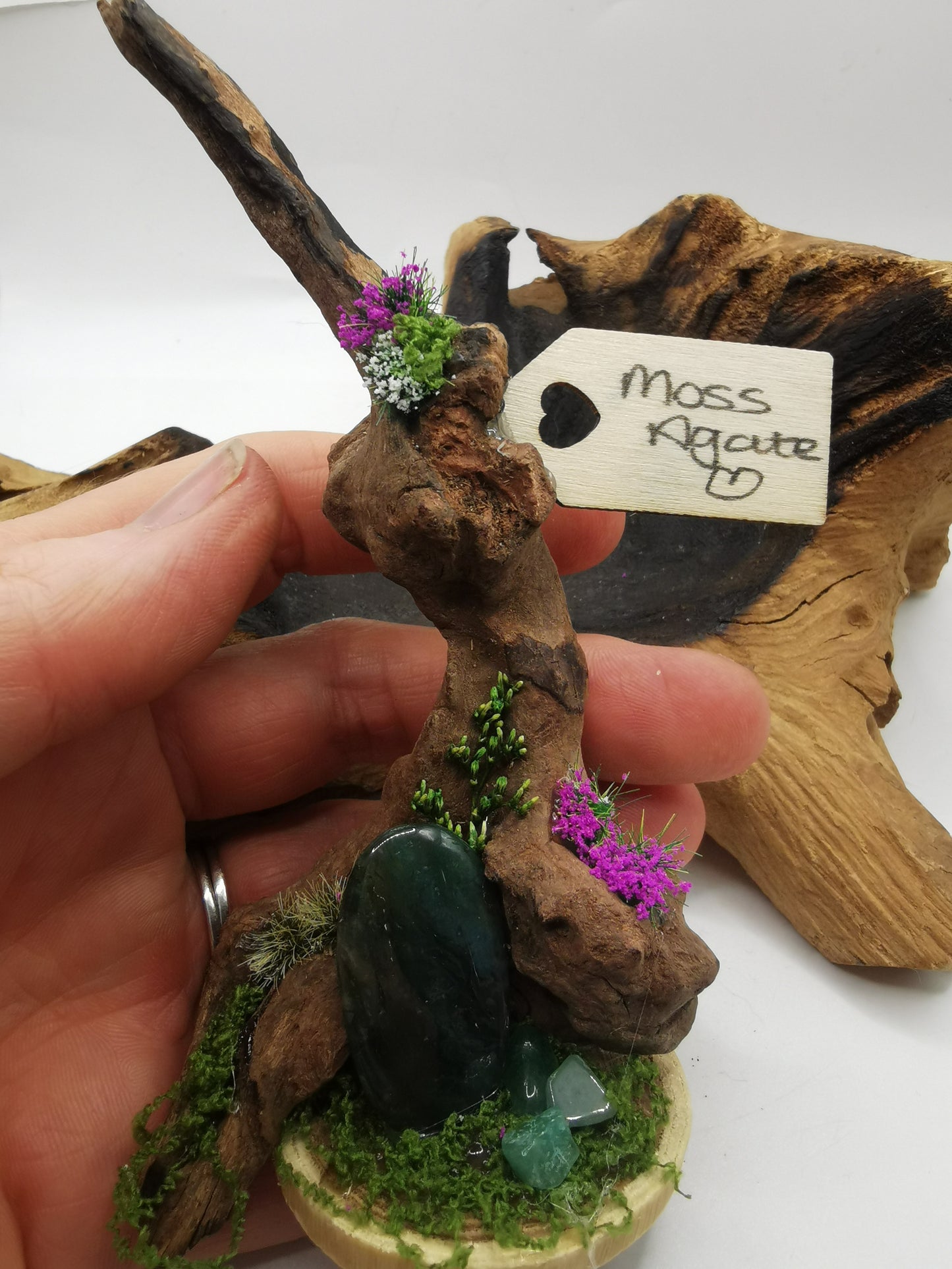 Moss Agate Crystal Driftwood Ornament
