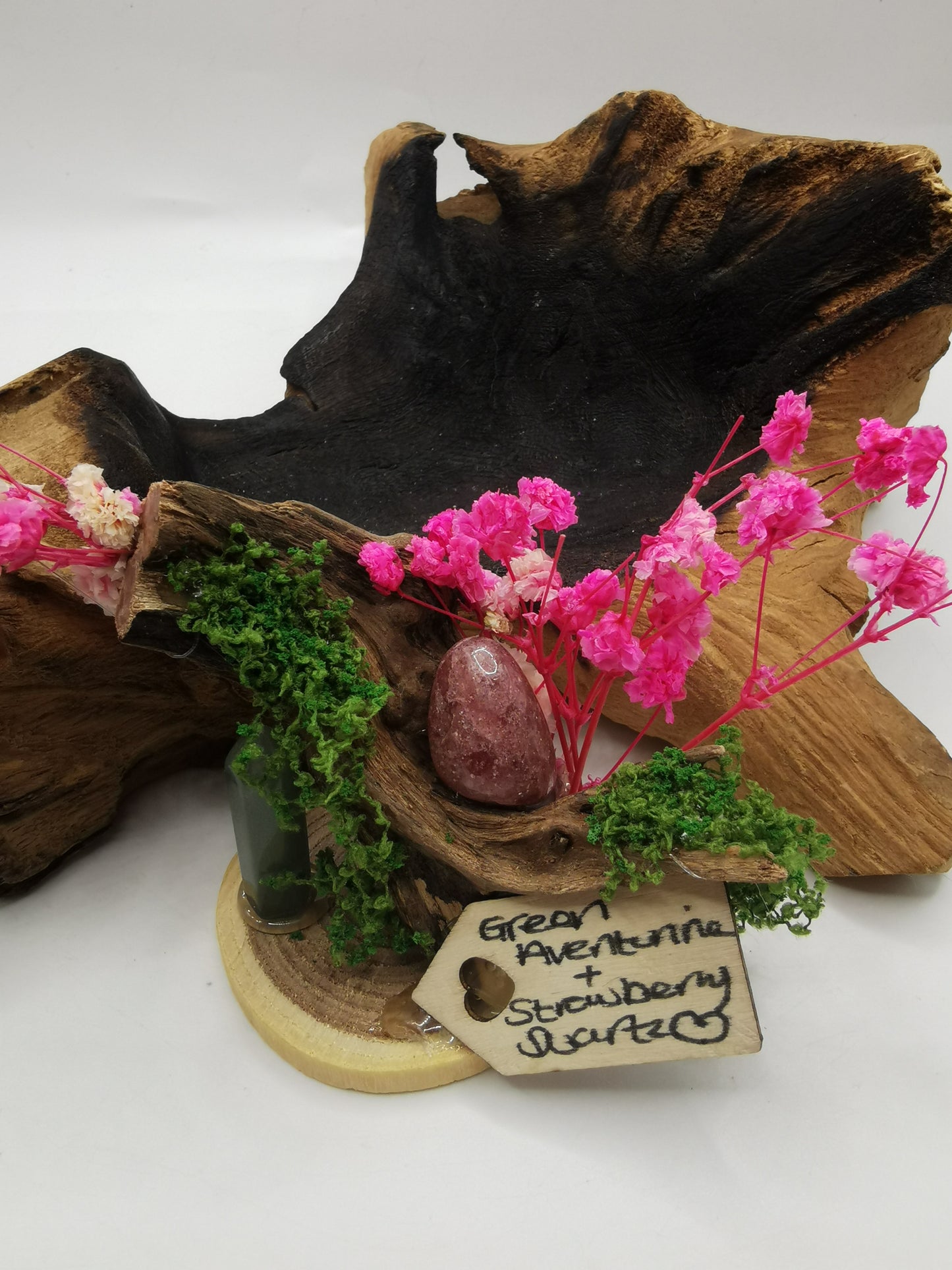 Green Aventurine Point & Strawberry Quartz Crystal Driftwood Ornament