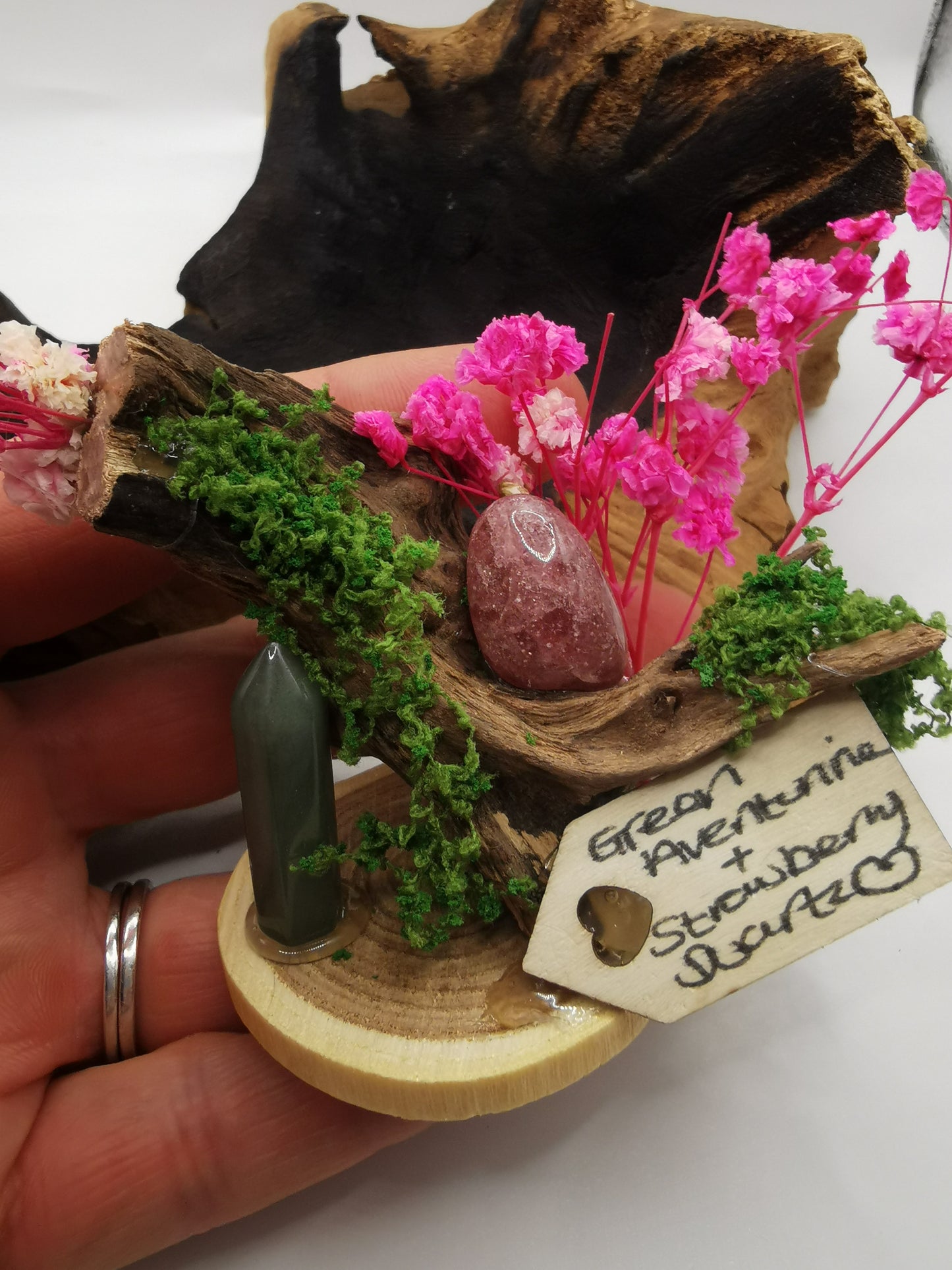 Green Aventurine Point & Strawberry Quartz Crystal Driftwood Ornament