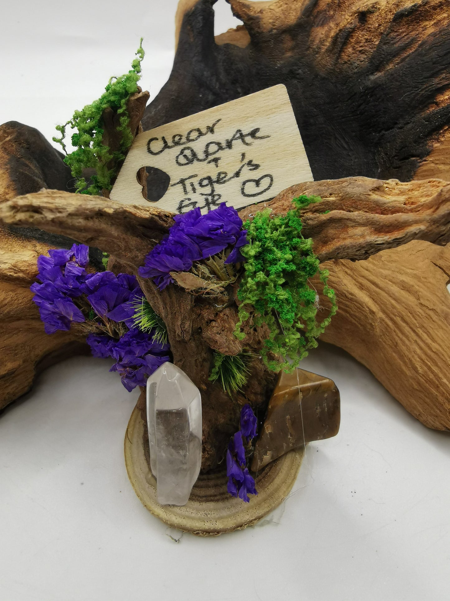 Clear Quartz Point & Tigers Eye Crystal Driftwood Ornament