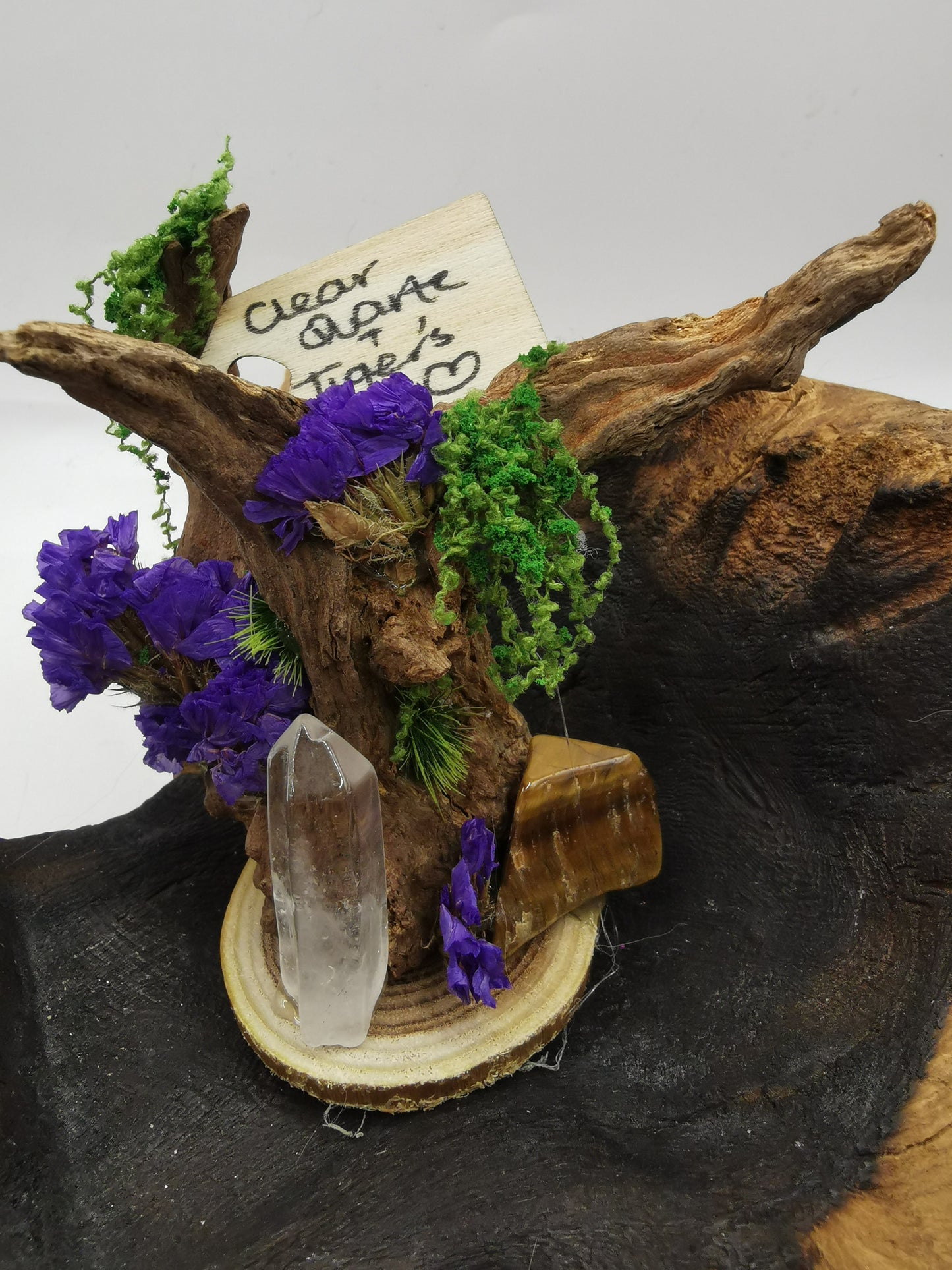 Clear Quartz Point & Tigers Eye Crystal Driftwood Ornament