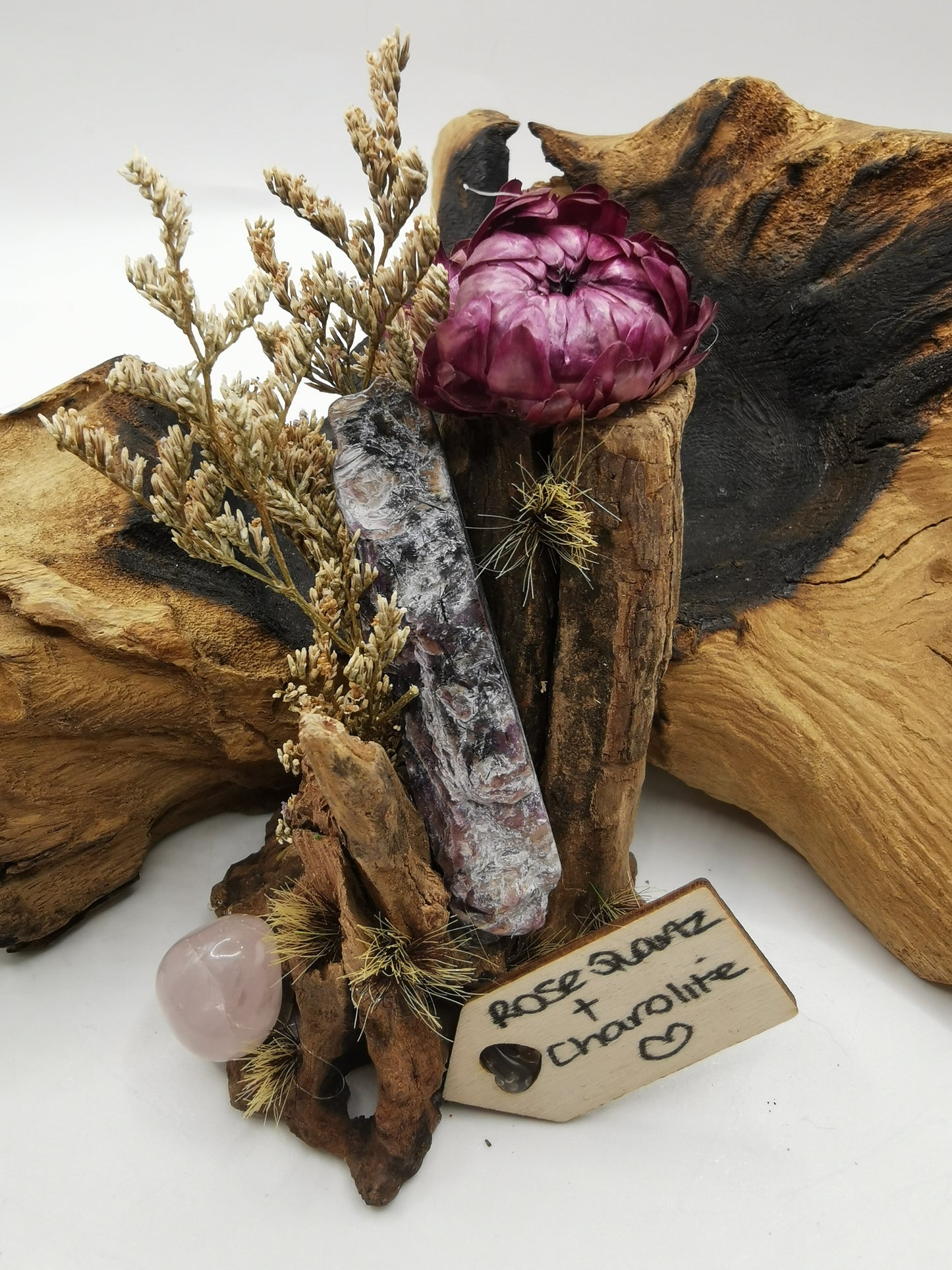 Rose Quartz & Charolite Crystal Driftwood Ornament