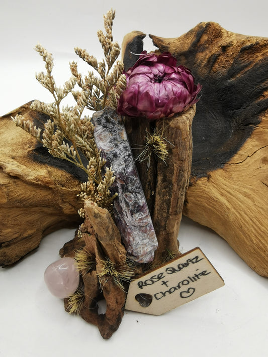 Rose Quartz & Charolite Crystal Driftwood Ornament