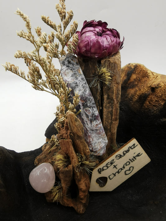Rose Quartz & Charolite Crystal Driftwood Ornament