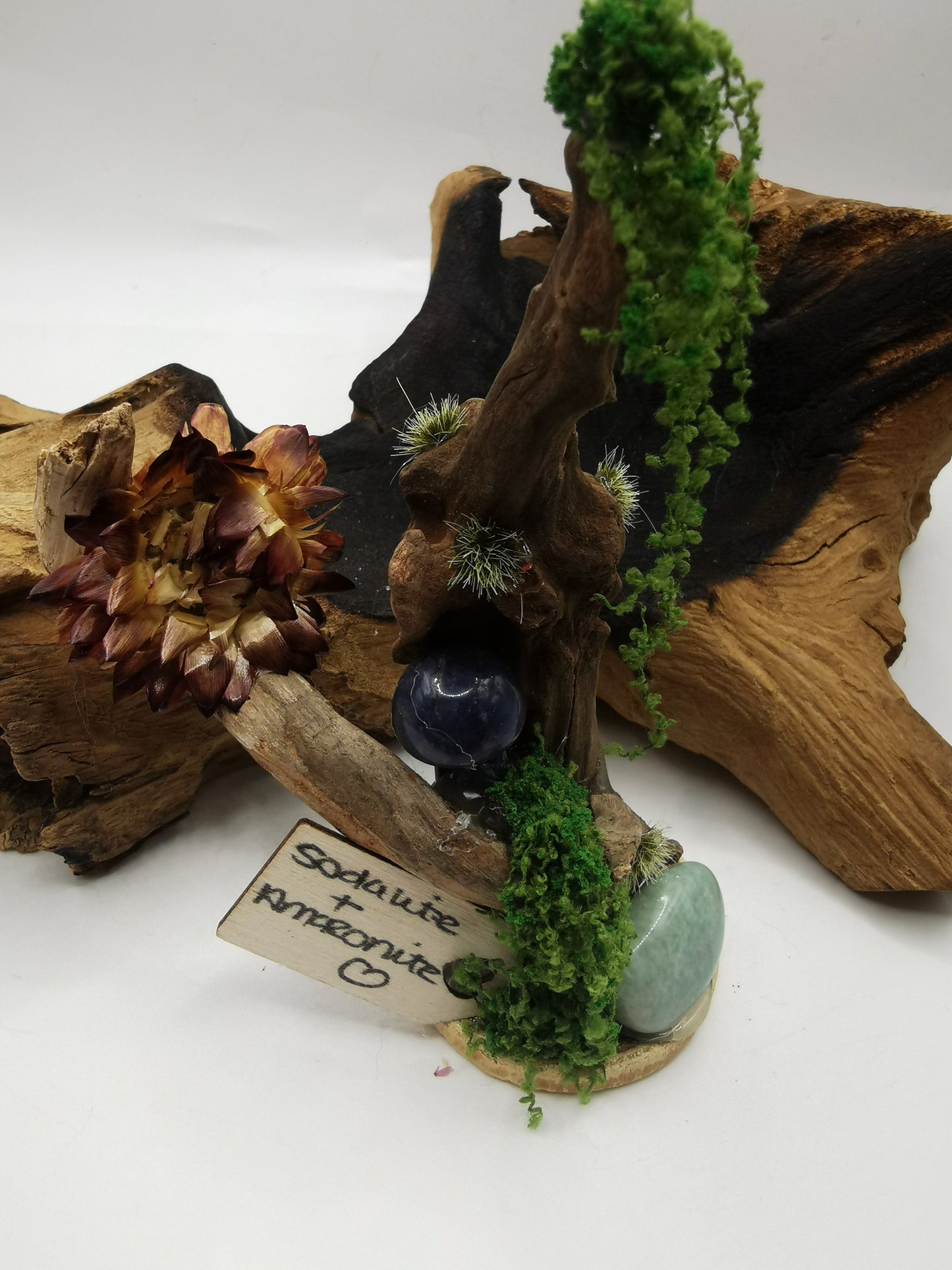 Sodalite Mushroom & Amazonite Crystal Driftwood Ornament
