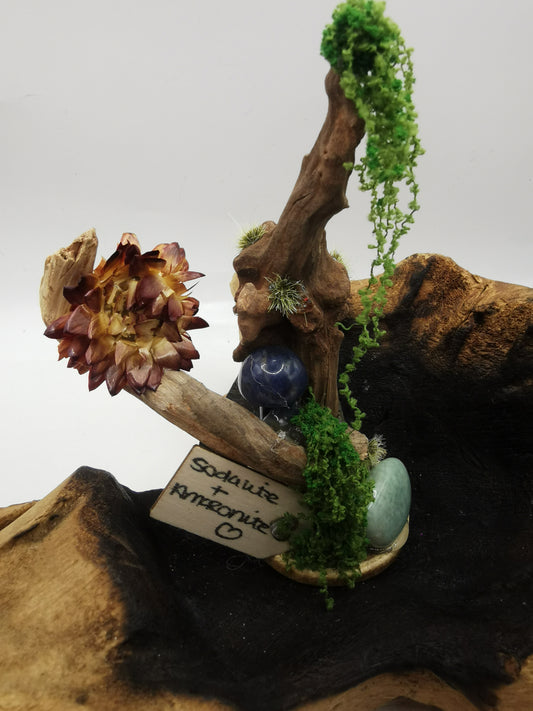 Sodalite Mushroom & Amazonite Crystal Driftwood Ornament