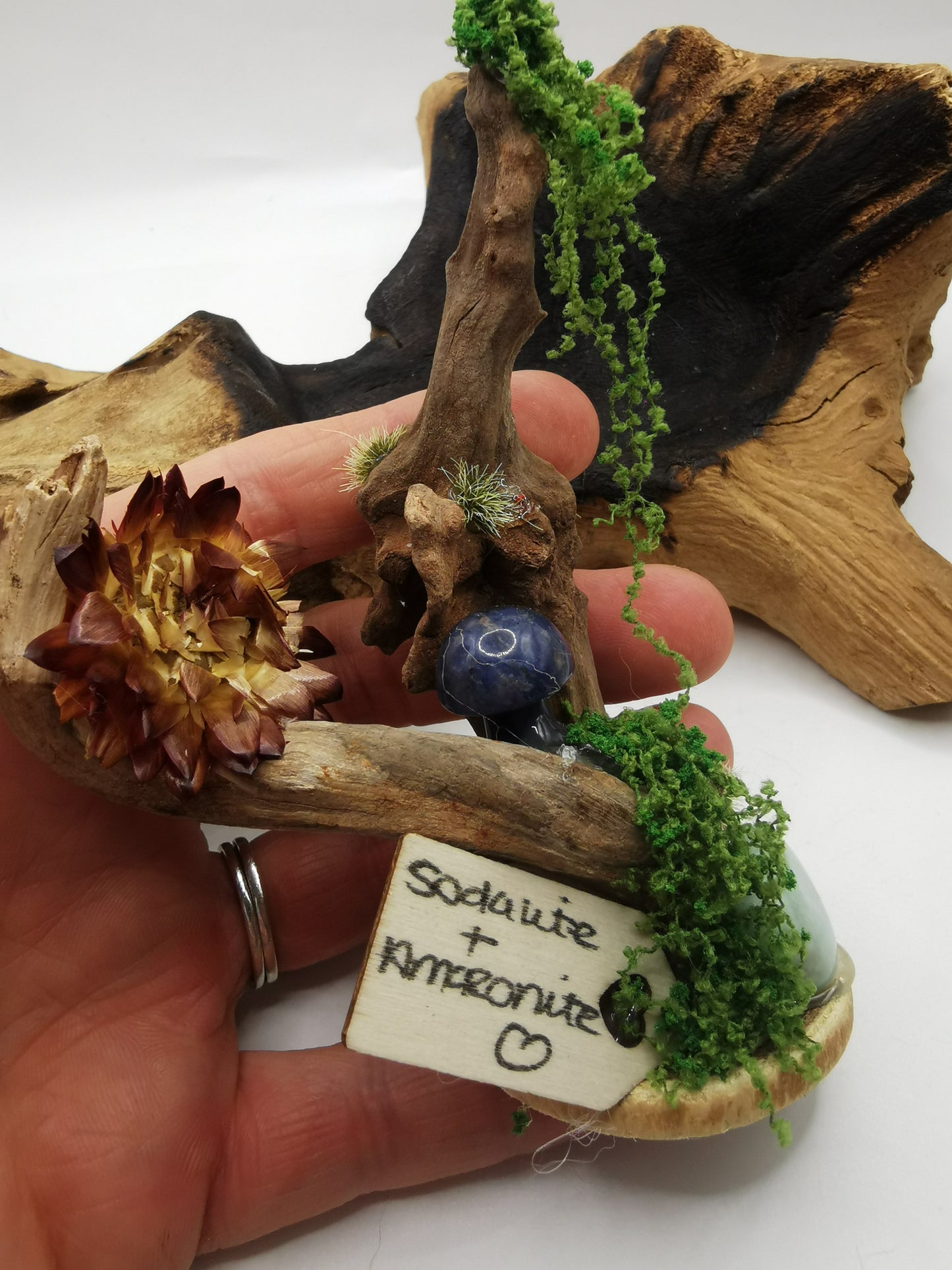 Sodalite Mushroom & Amazonite Crystal Driftwood Ornament