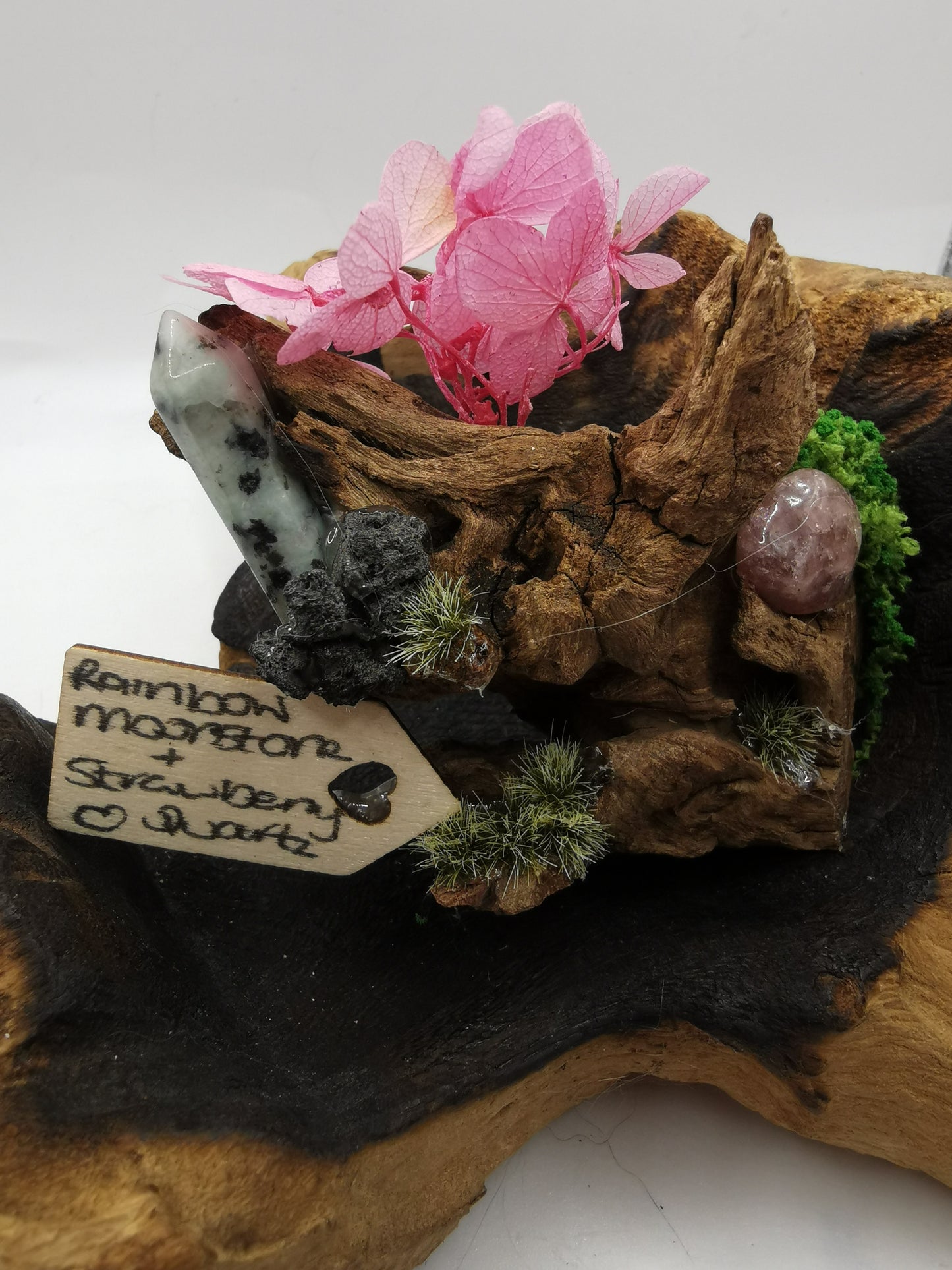 Rainbow Moonstone Point & Strawberry Quartz Crystal Driftwood Ornament
