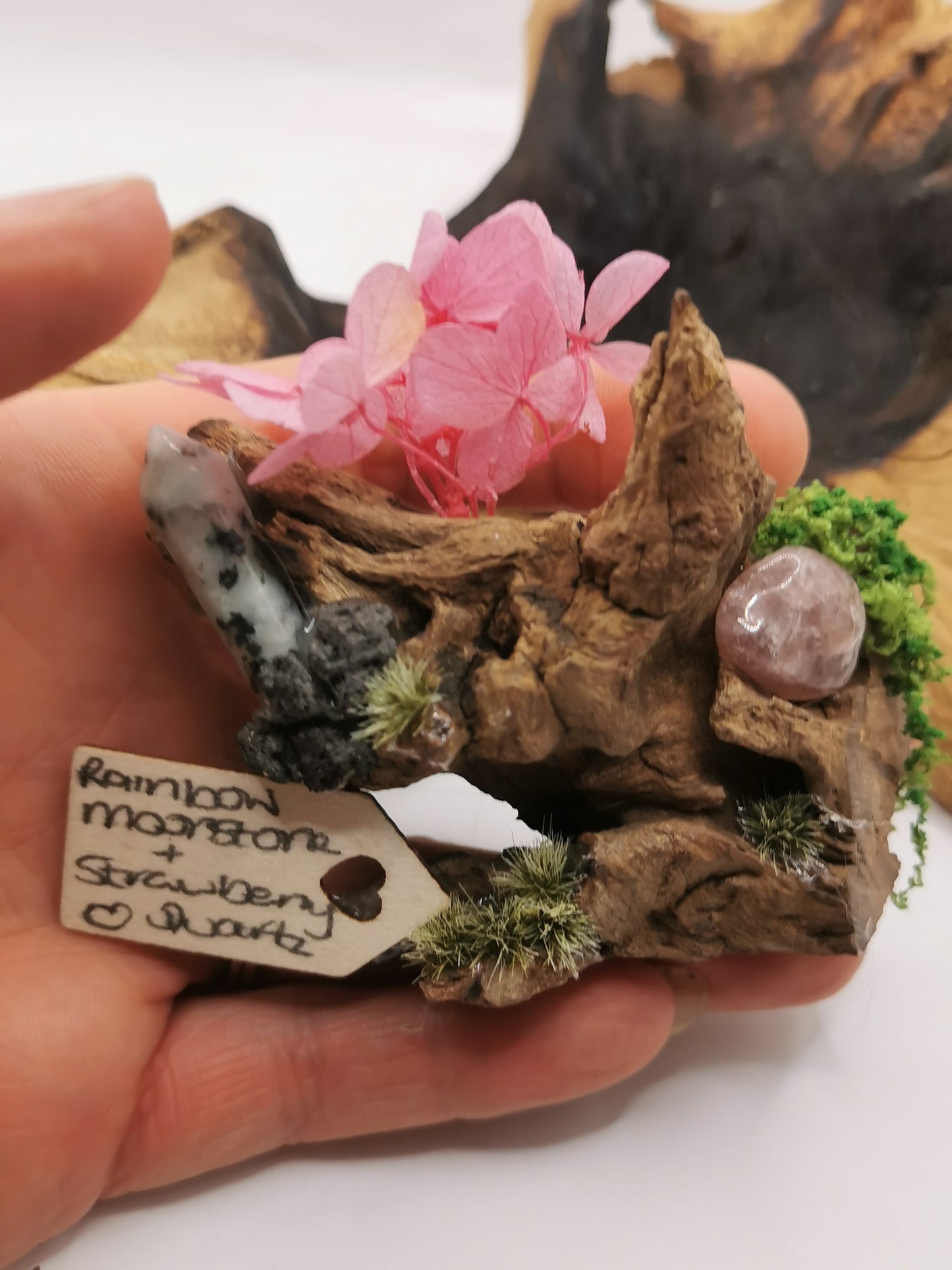 Rainbow Moonstone Point & Strawberry Quartz Crystal Driftwood Ornament