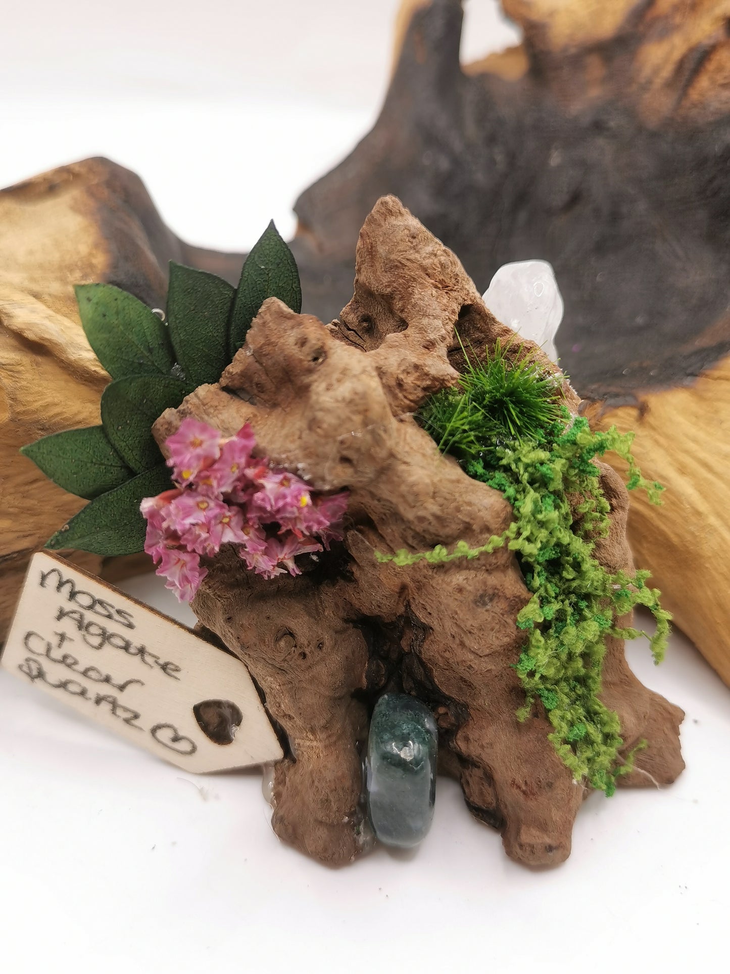 Moss Agate & Clear Quartz Crystal Driftwood Ornament