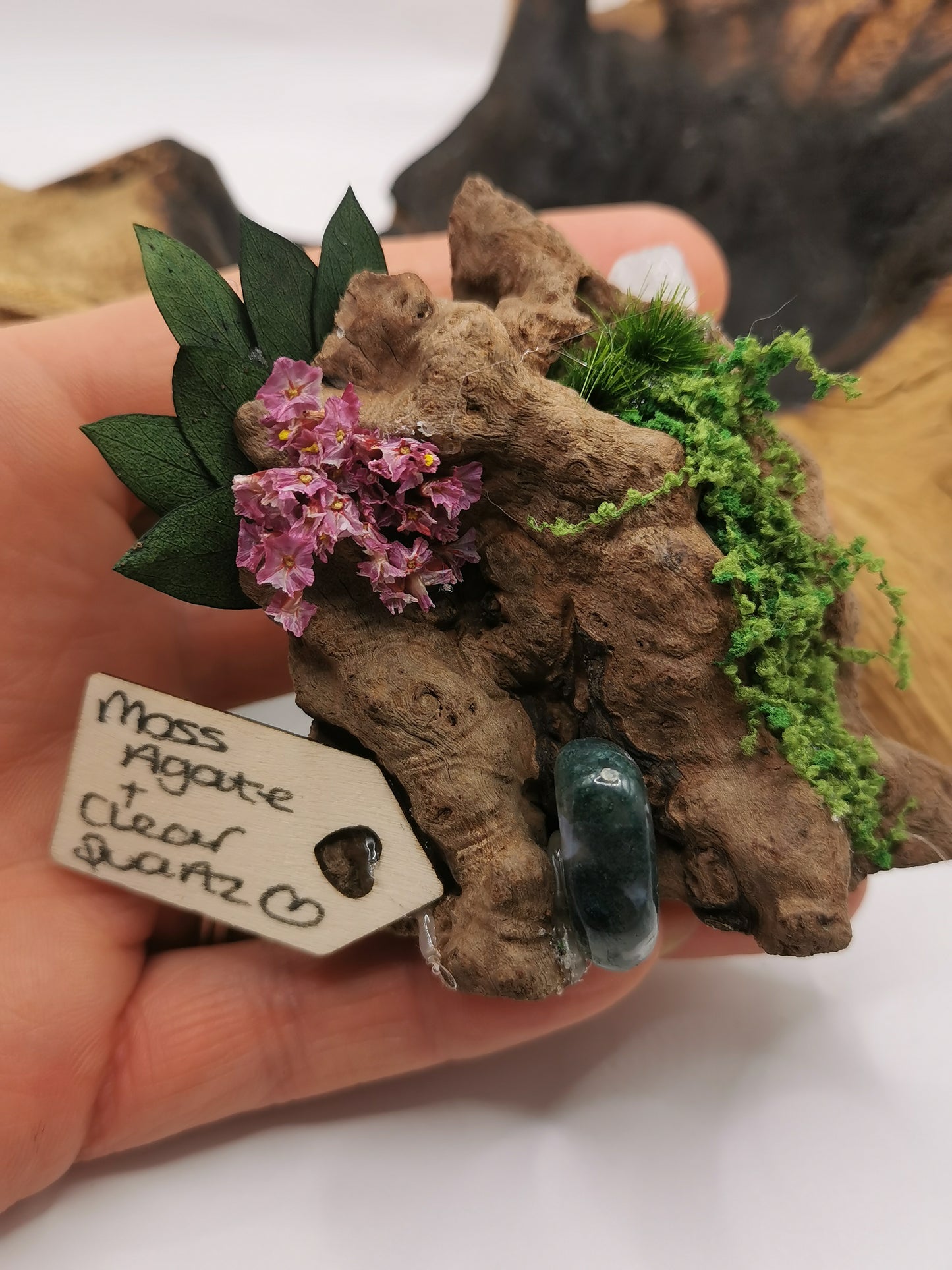 Moss Agate & Clear Quartz Crystal Driftwood Ornament