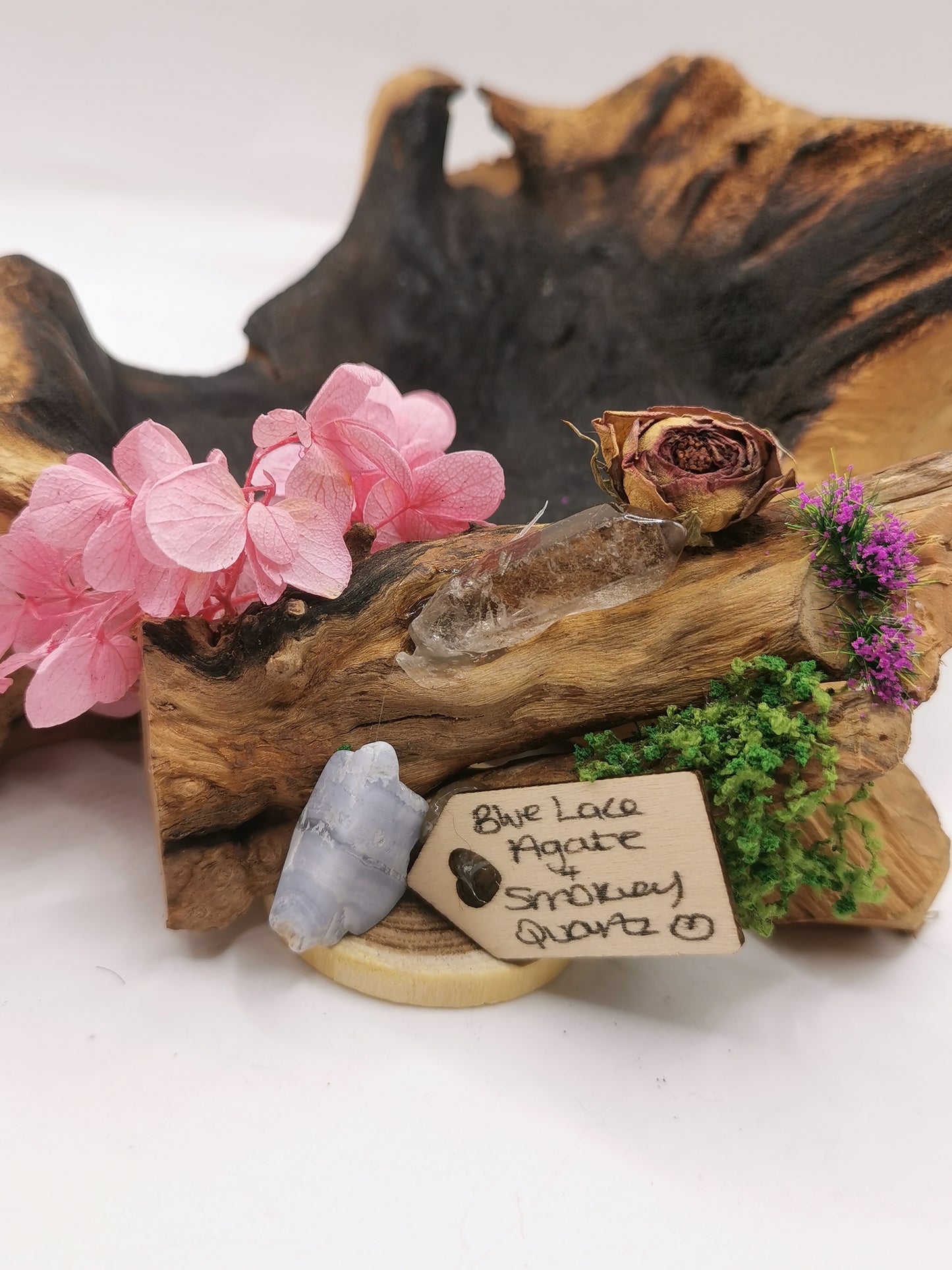 Blue Lace Agate & Smokey Quartz Point Crystal Driftwood Ornament