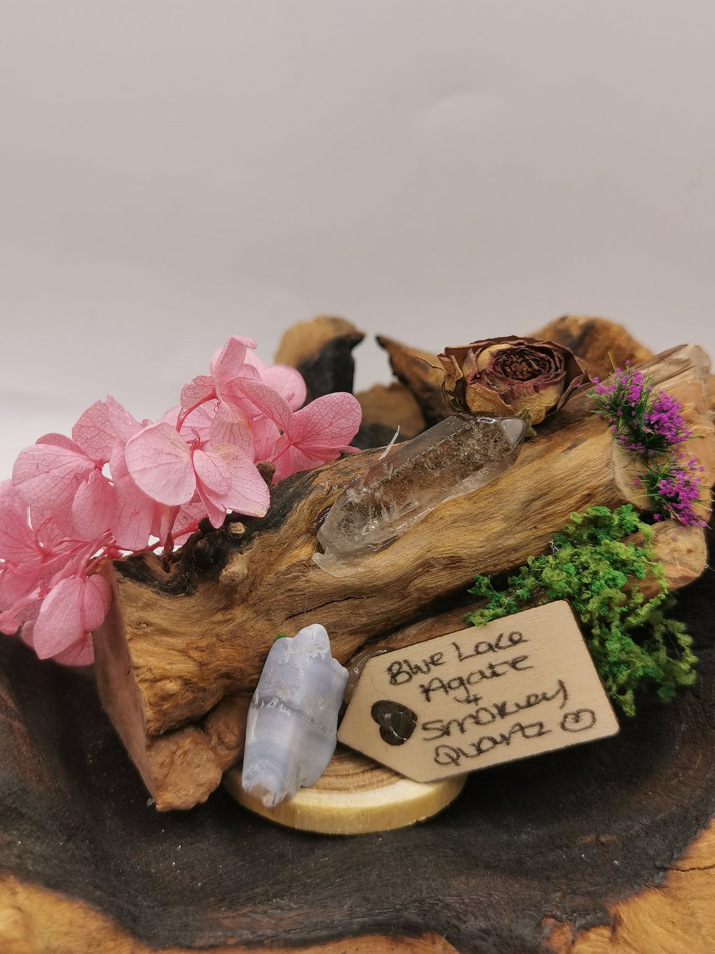 Blue Lace Agate & Smokey Quartz Point Crystal Driftwood Ornament