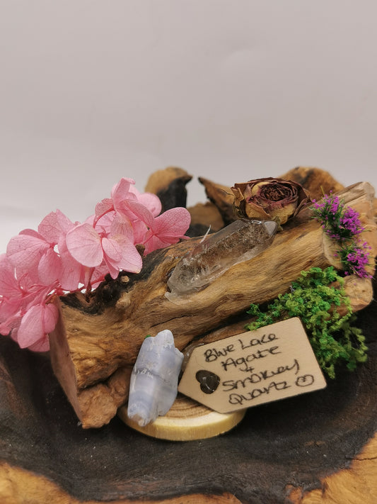 Blue Lace Agate & Smokey Quartz Point Crystal Driftwood Ornament