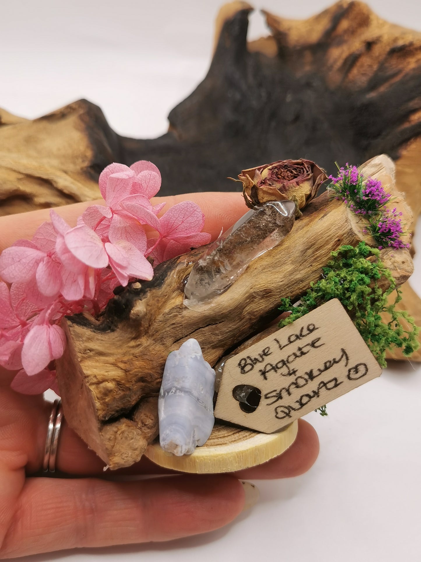 Blue Lace Agate & Smokey Quartz Point Crystal Driftwood Ornament