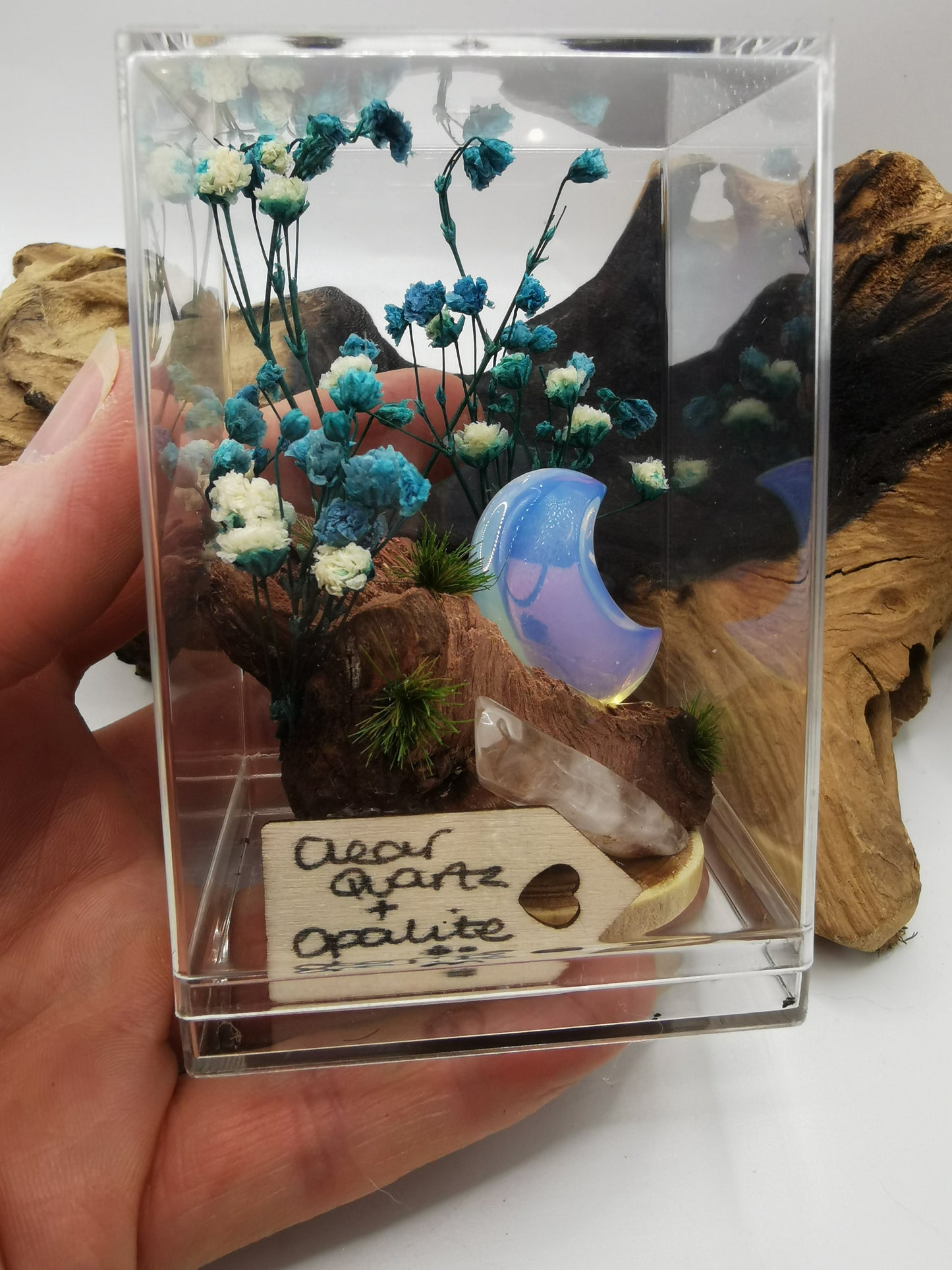 Clear Quartz & Opalite Moon Crystal Driftwood Ornament