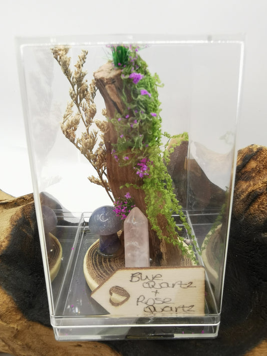 Blue Quartz Mushroom & Rose Quartz Crystal Driftwood Ornament
