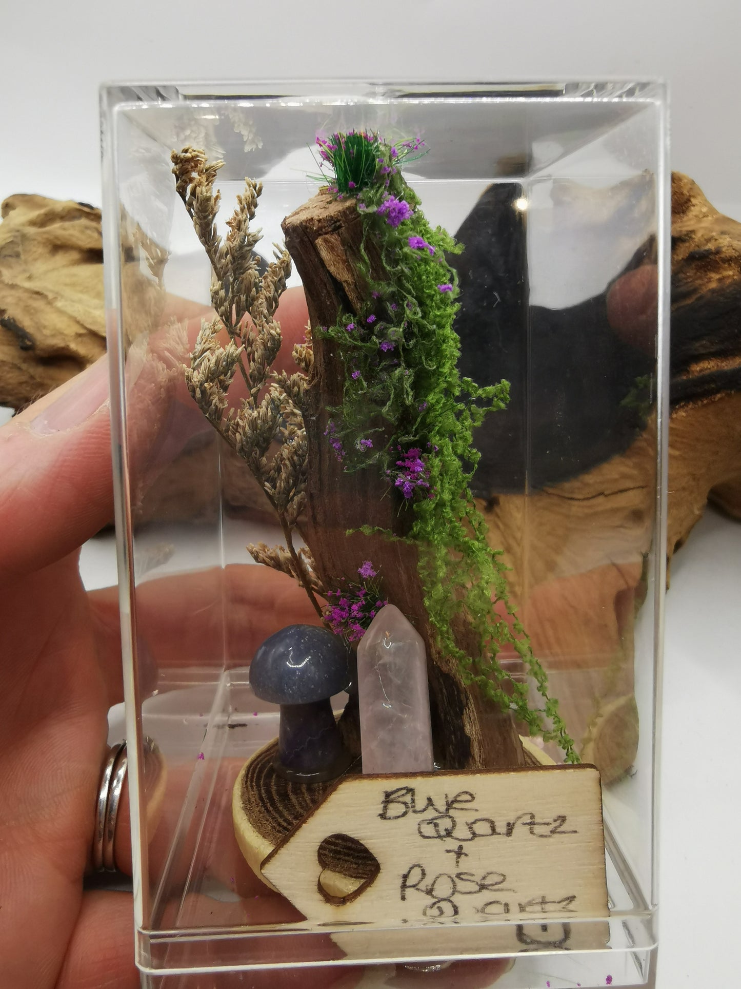 Blue Quartz Mushroom & Rose Quartz Crystal Driftwood Ornament