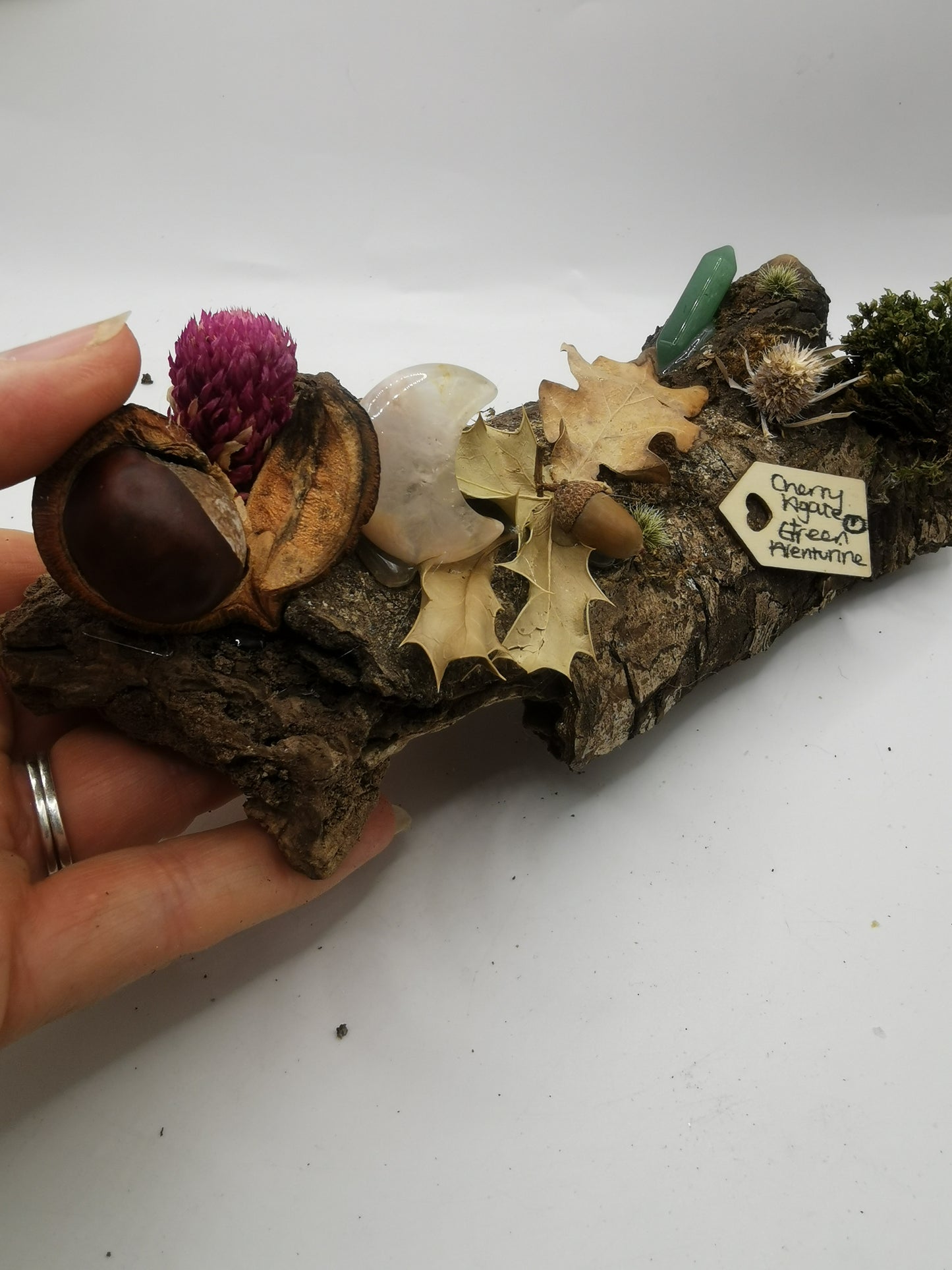 Cherry Agate Moon & Green Aventurine Point Large Driftwood Ornament