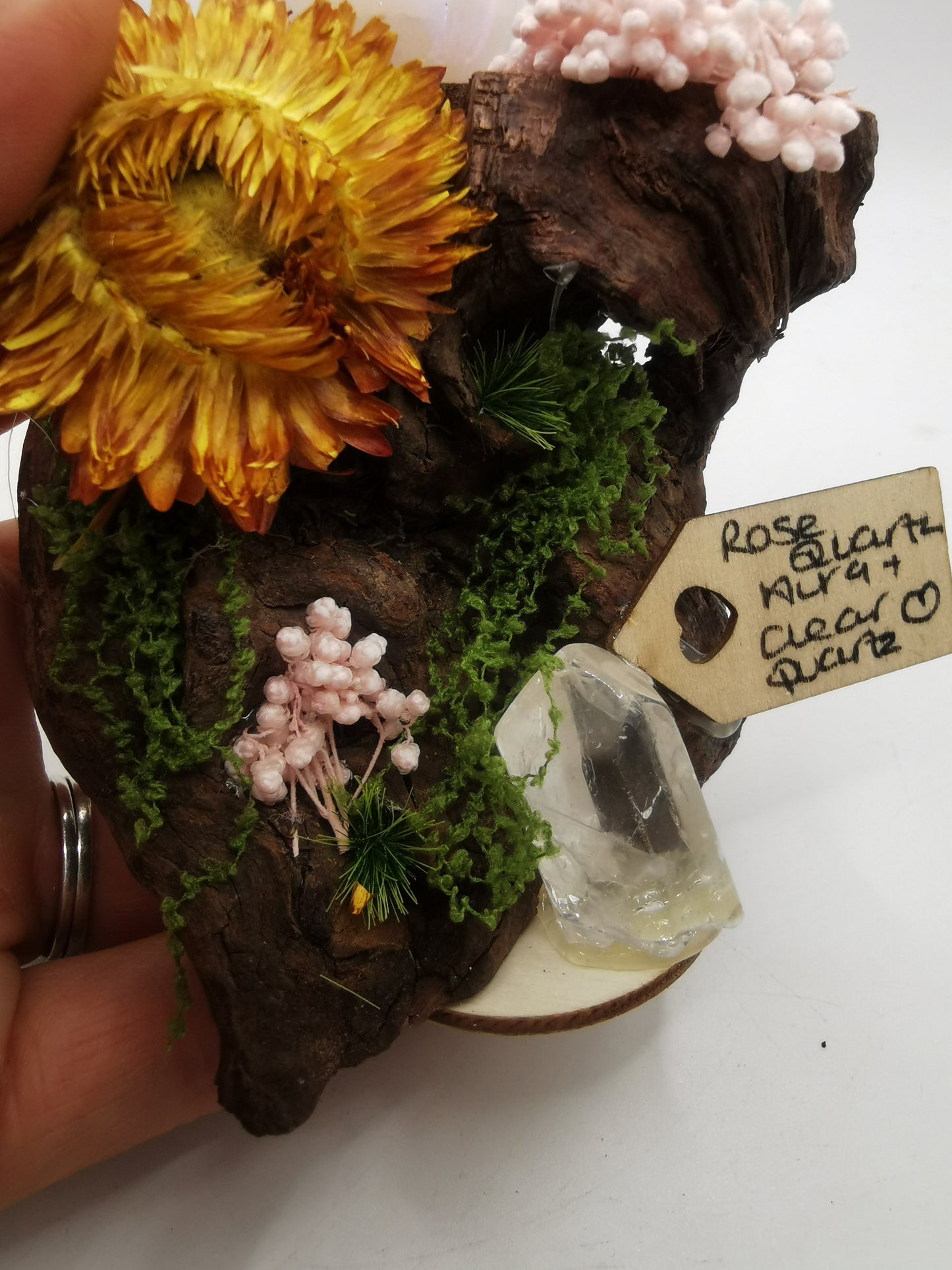 Rose Quartz Aura Heart & Clear Quartz Point Driftwood Ornament