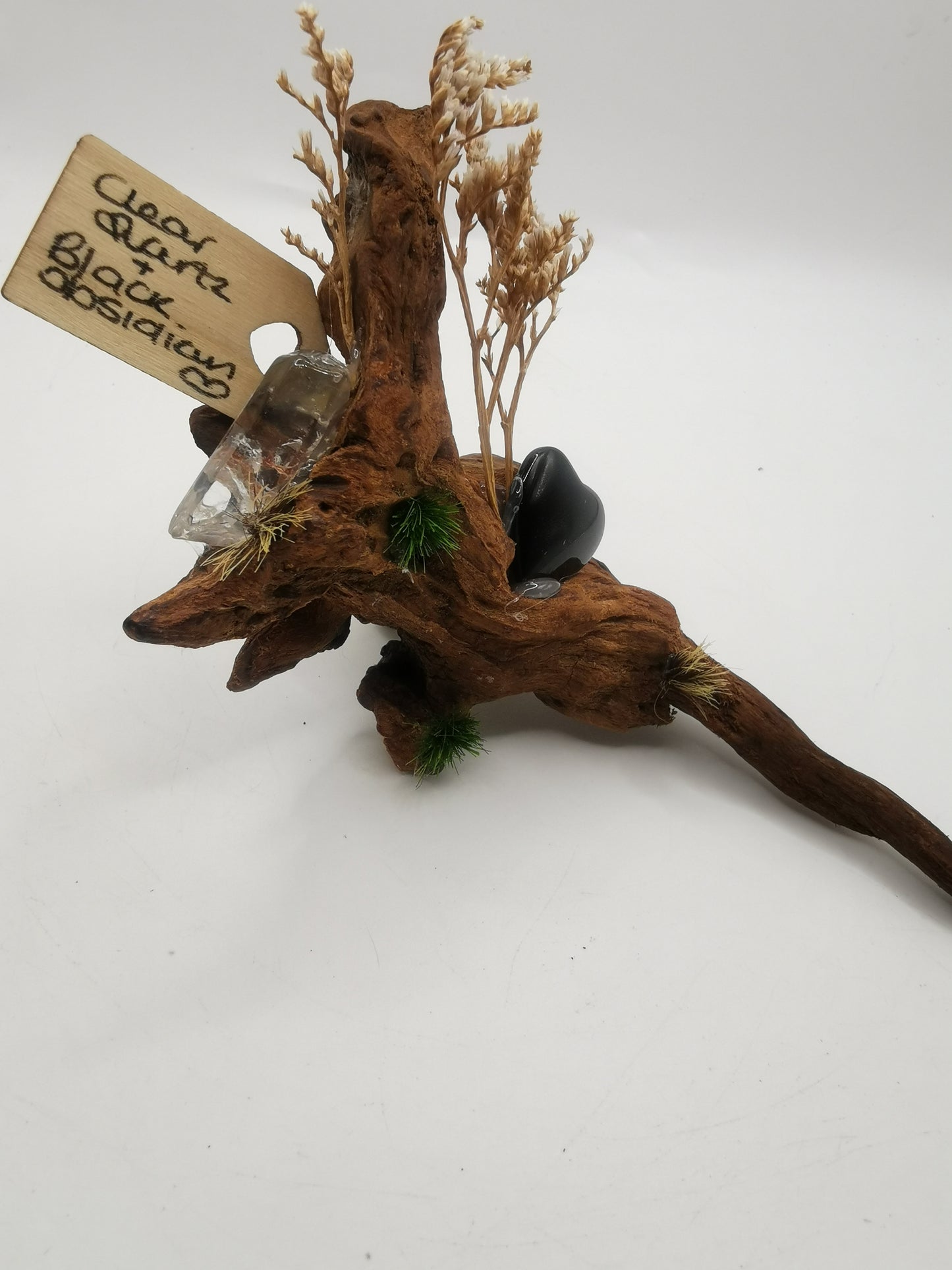 Clear Quartz Point & Black Obsidian Heart Driftwood Ornament