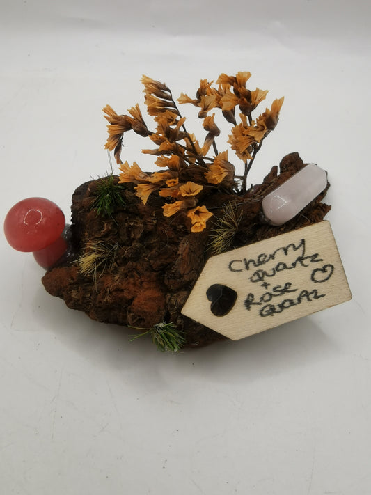 Cherry Quartz Mushroom & Rose Quartz Point Driftwood Ornament